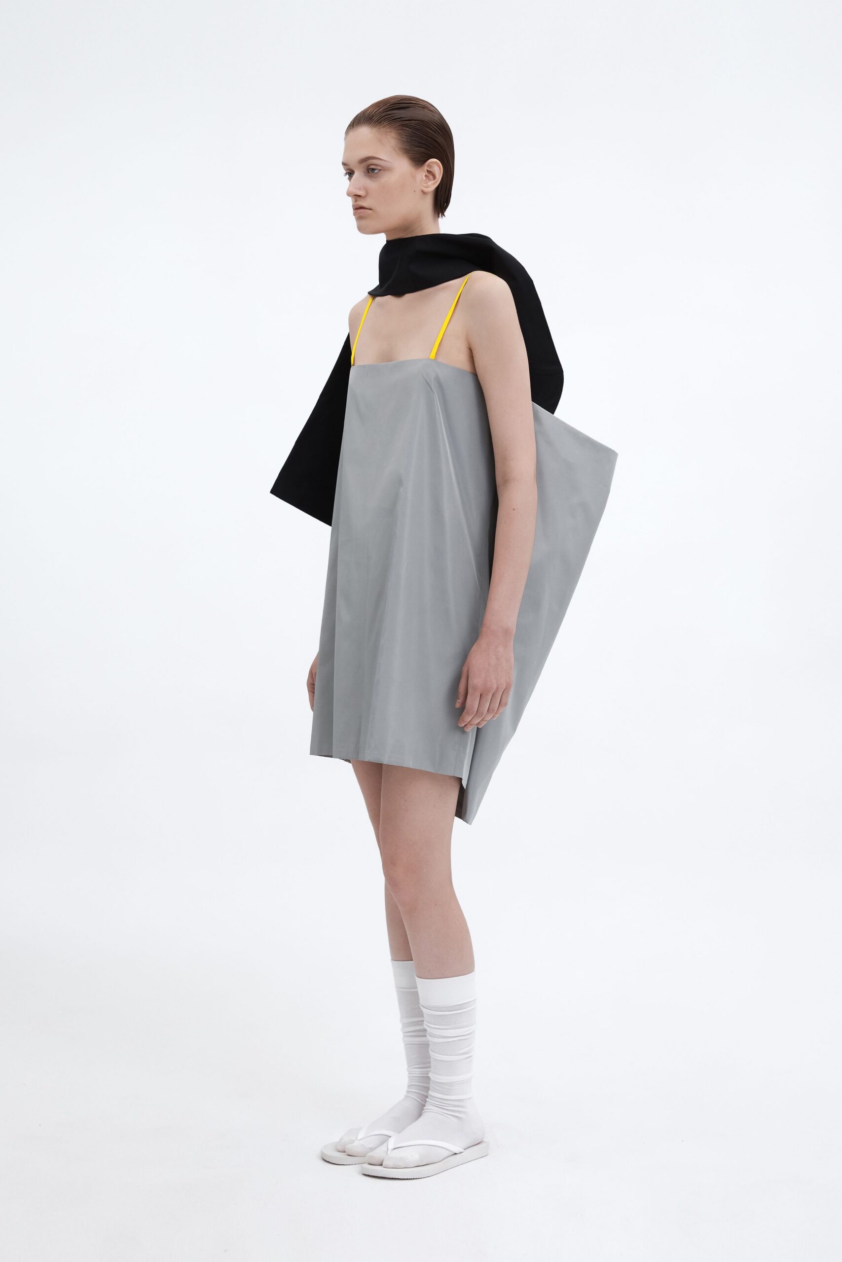 gray vinyl sleeveless low-cut relaxed short dress