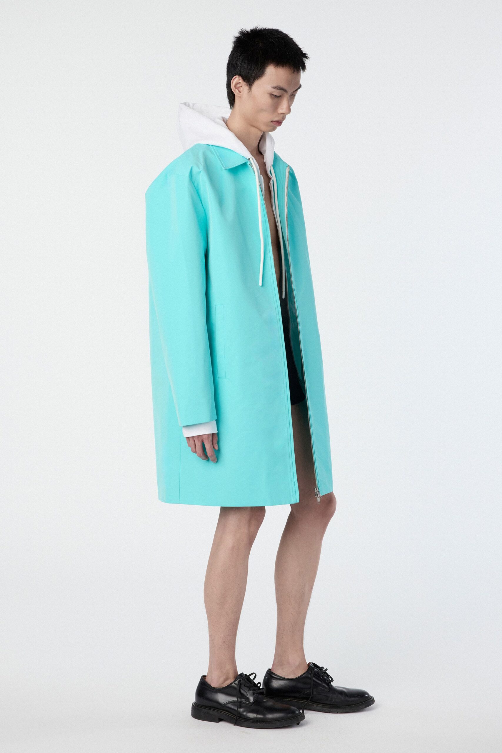 teal cotton long-sleeve hooded relaxed zippered short coat