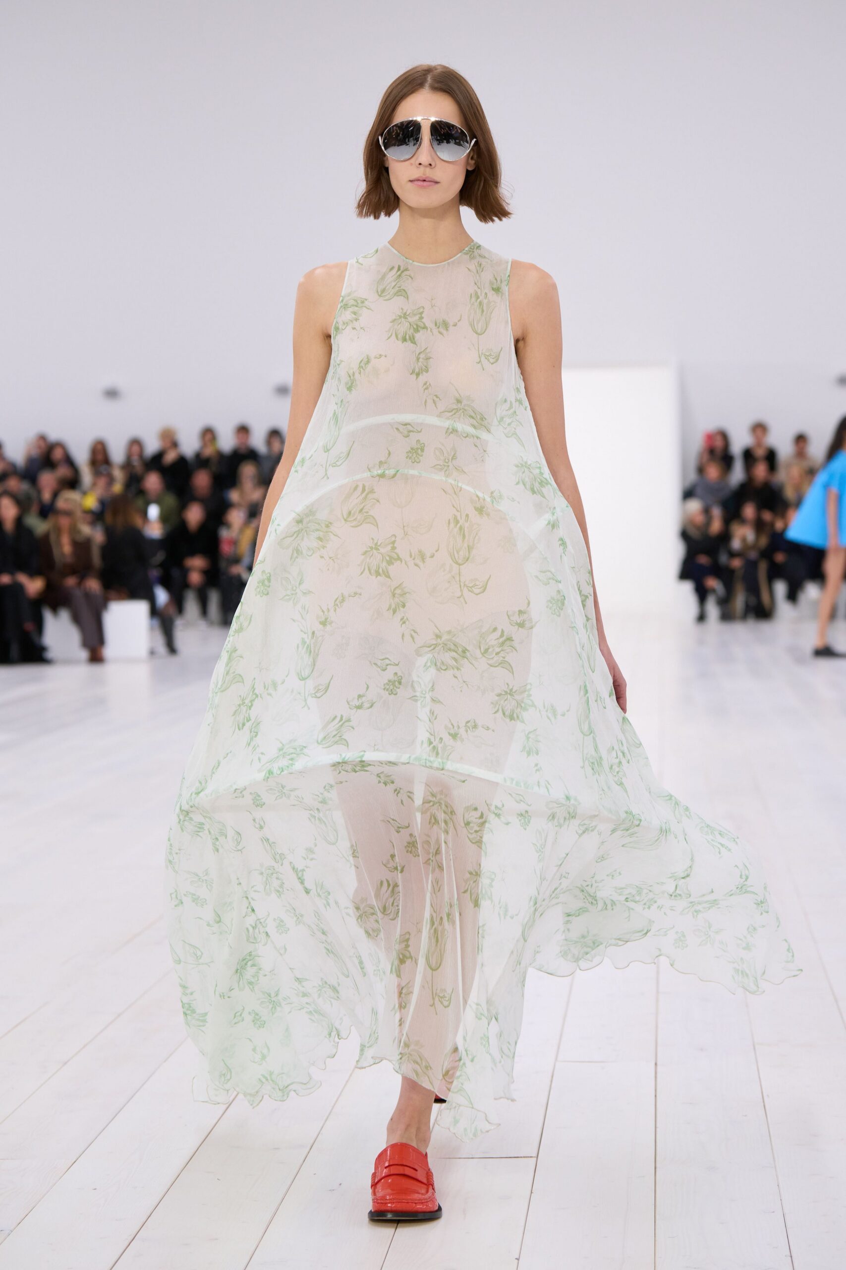 green chiffon sleeveless high-neck relaxed floral layered dress