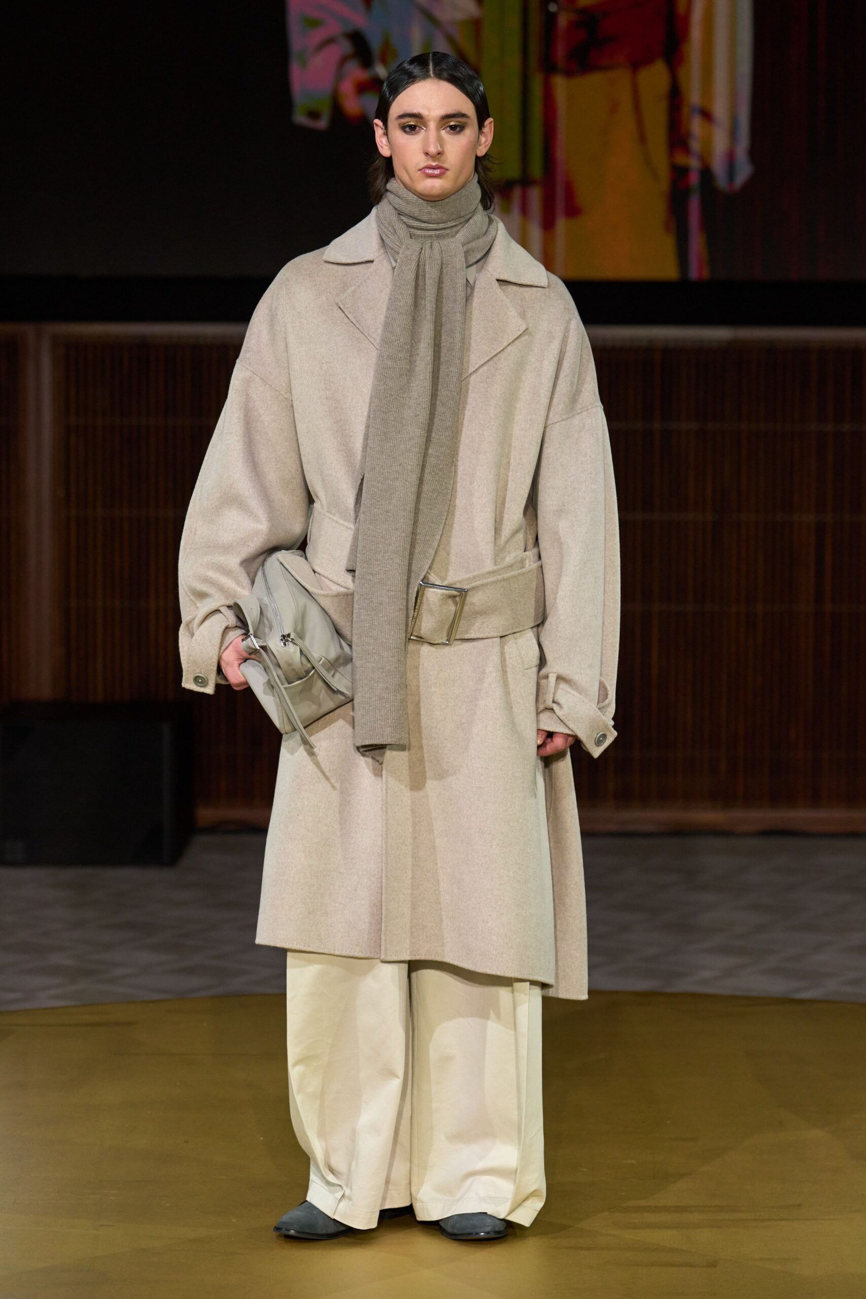 beige wool long-sleeve collared oversized belted coat