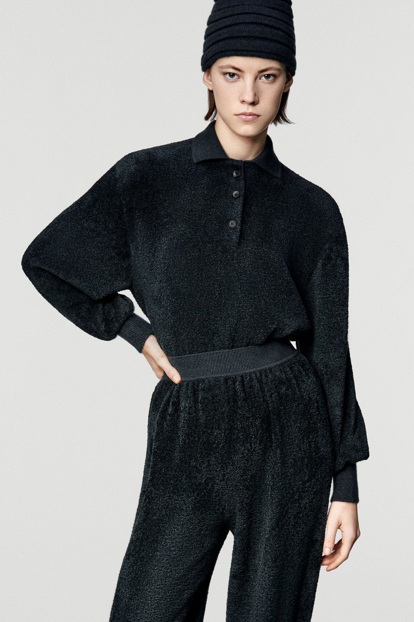 black cotton long-sleeve collared relaxed textured top