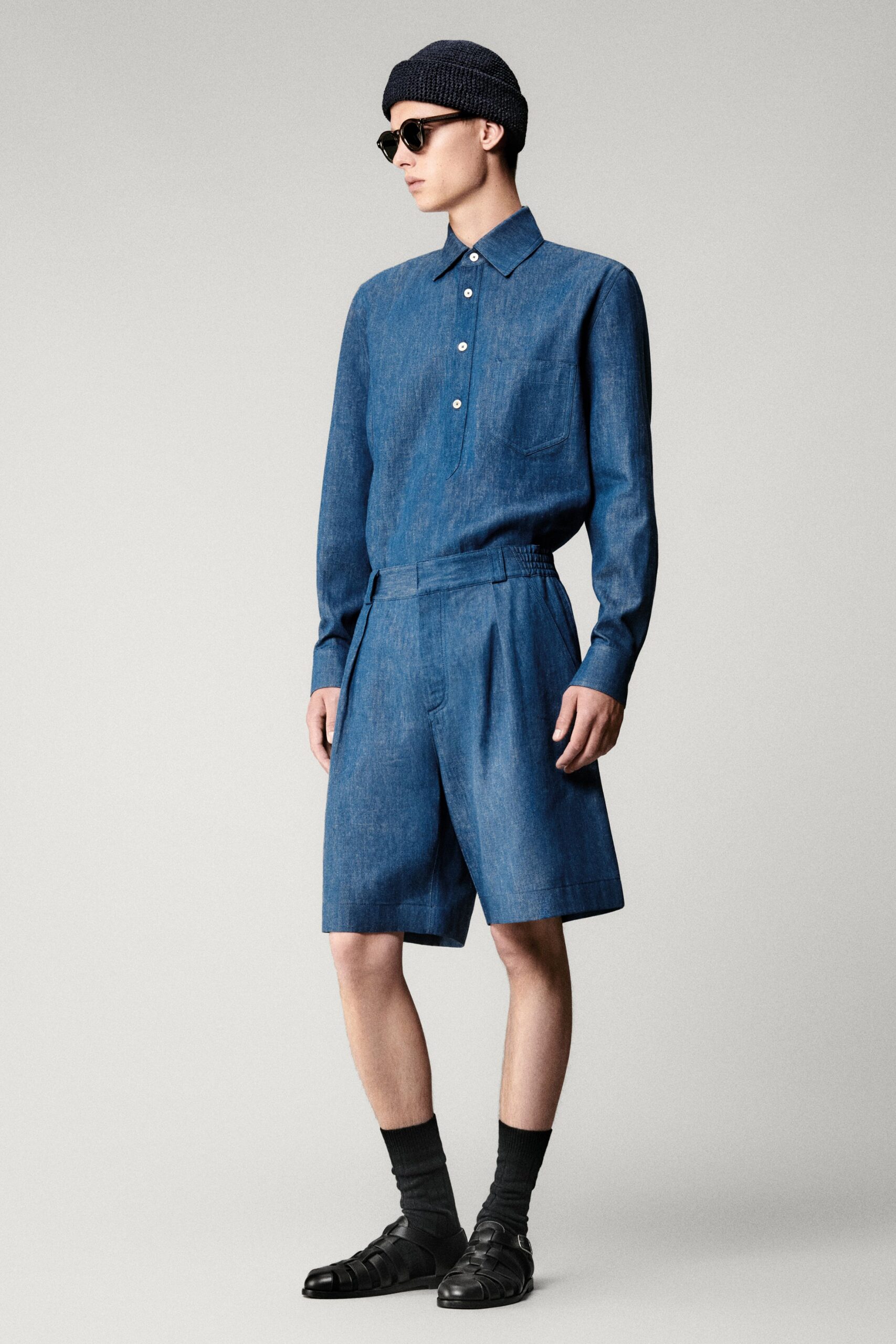 blue denim shirt and shorts