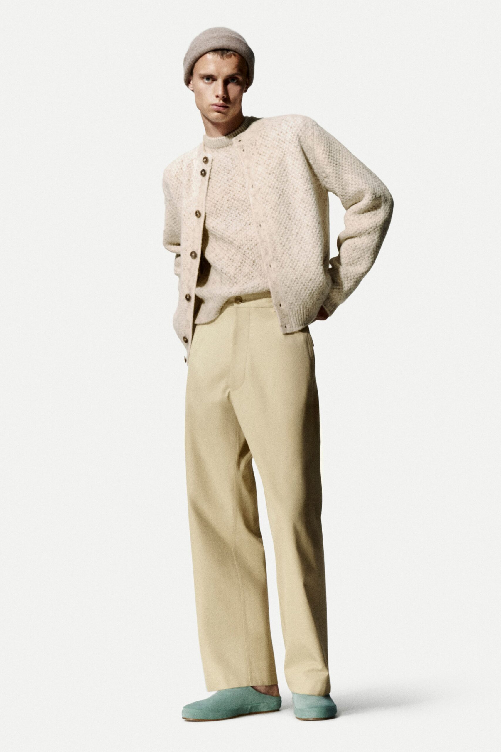 beige wool long-sleeve collared relaxed buttoned cardigan