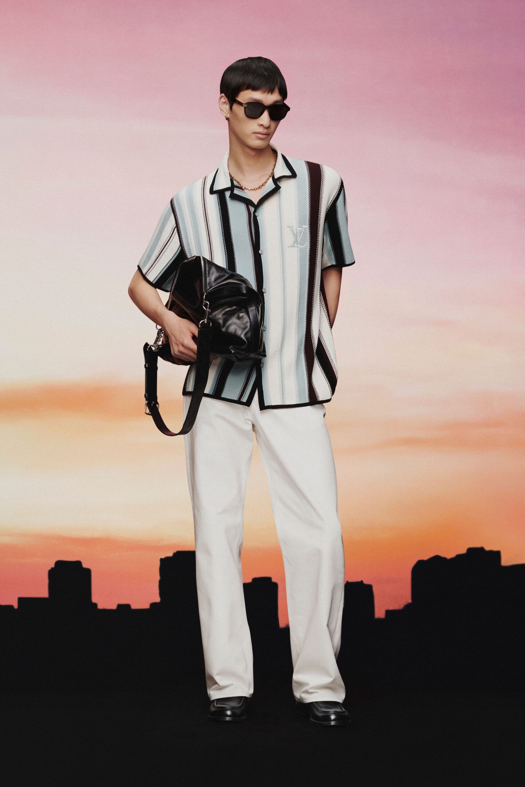 blue and white striped shirt with relaxed pants