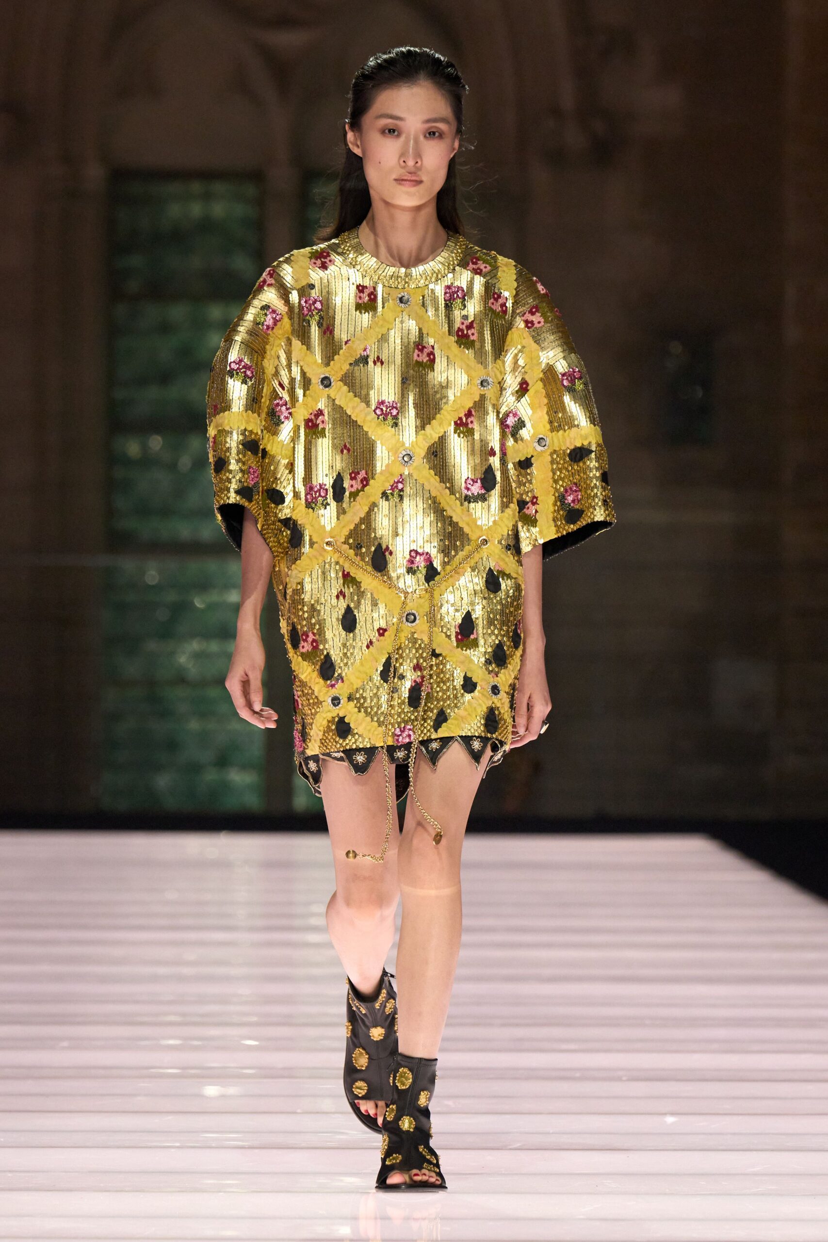 gold silk sleeveless high-neck relaxed embroidered pleated top