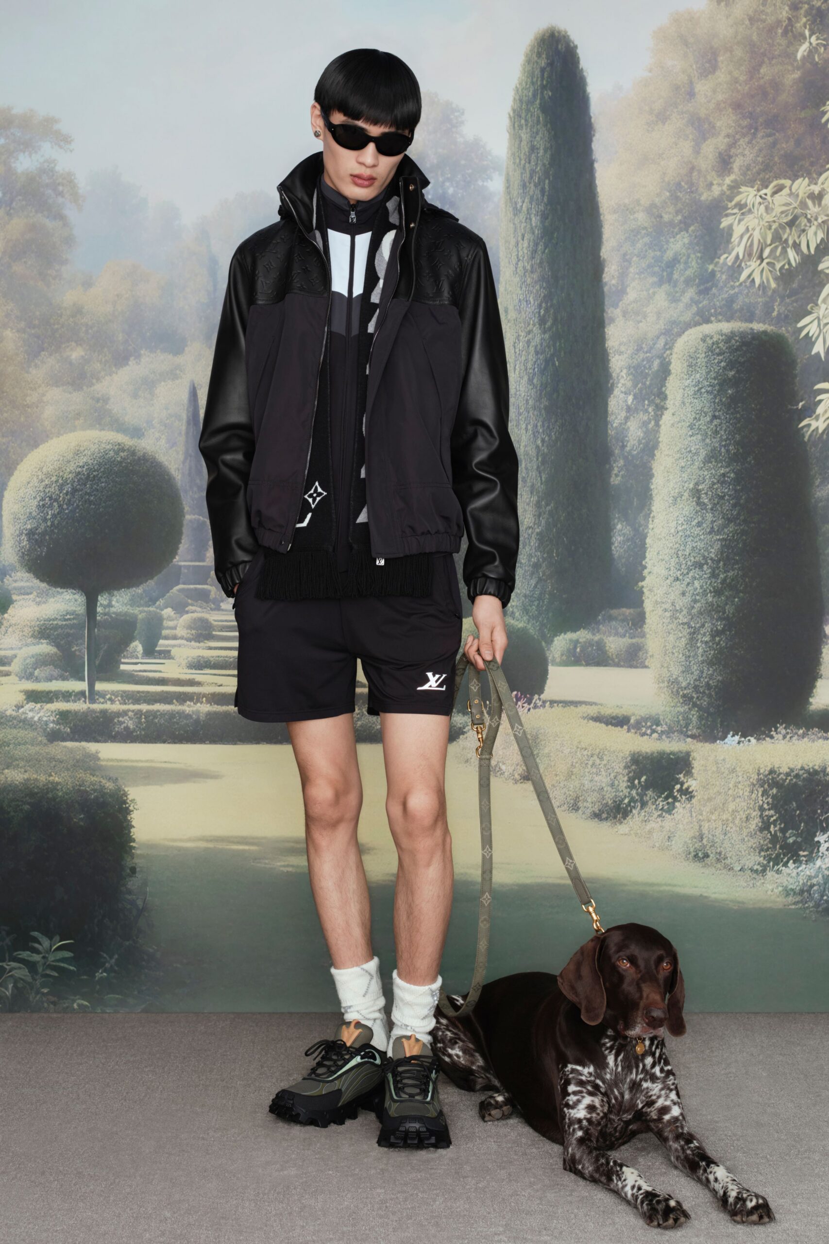 black leather jacket with shorts
