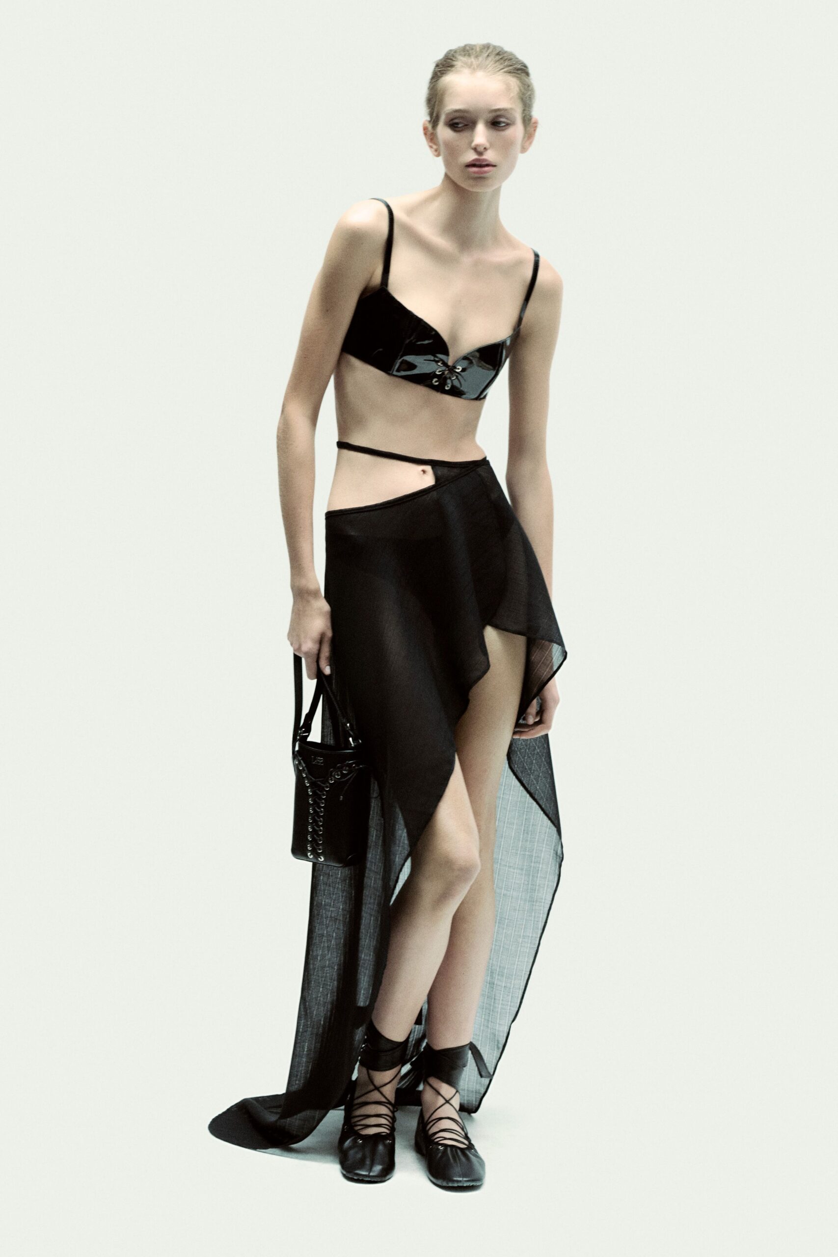 black silk top with asymmetric skirt