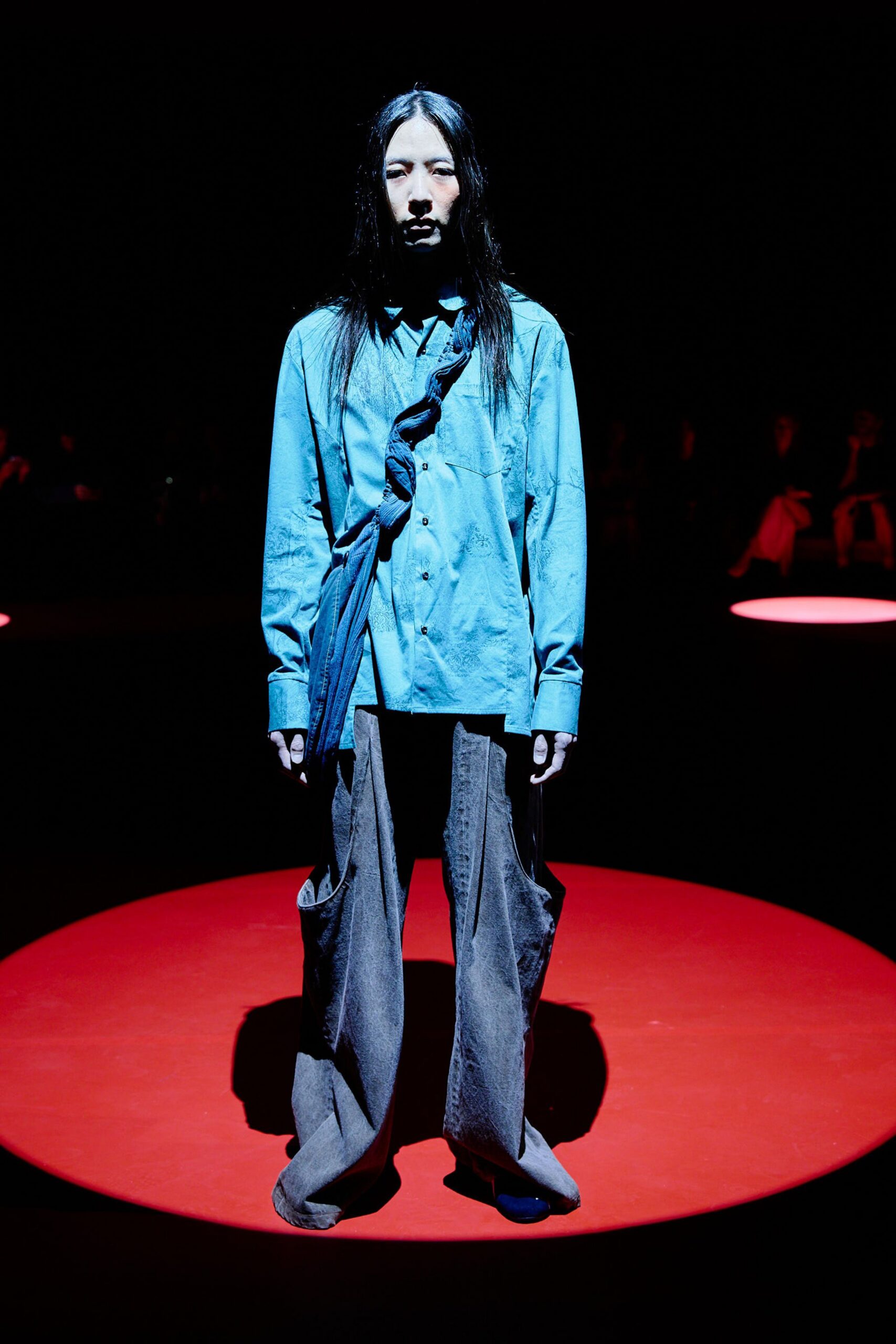 blue cotton shirt with gray pants
