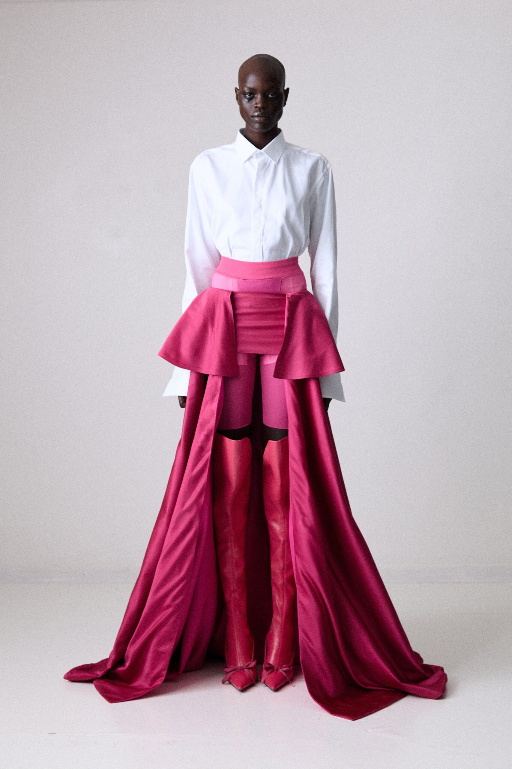 pink silk asymmetric fitted pleated skirt