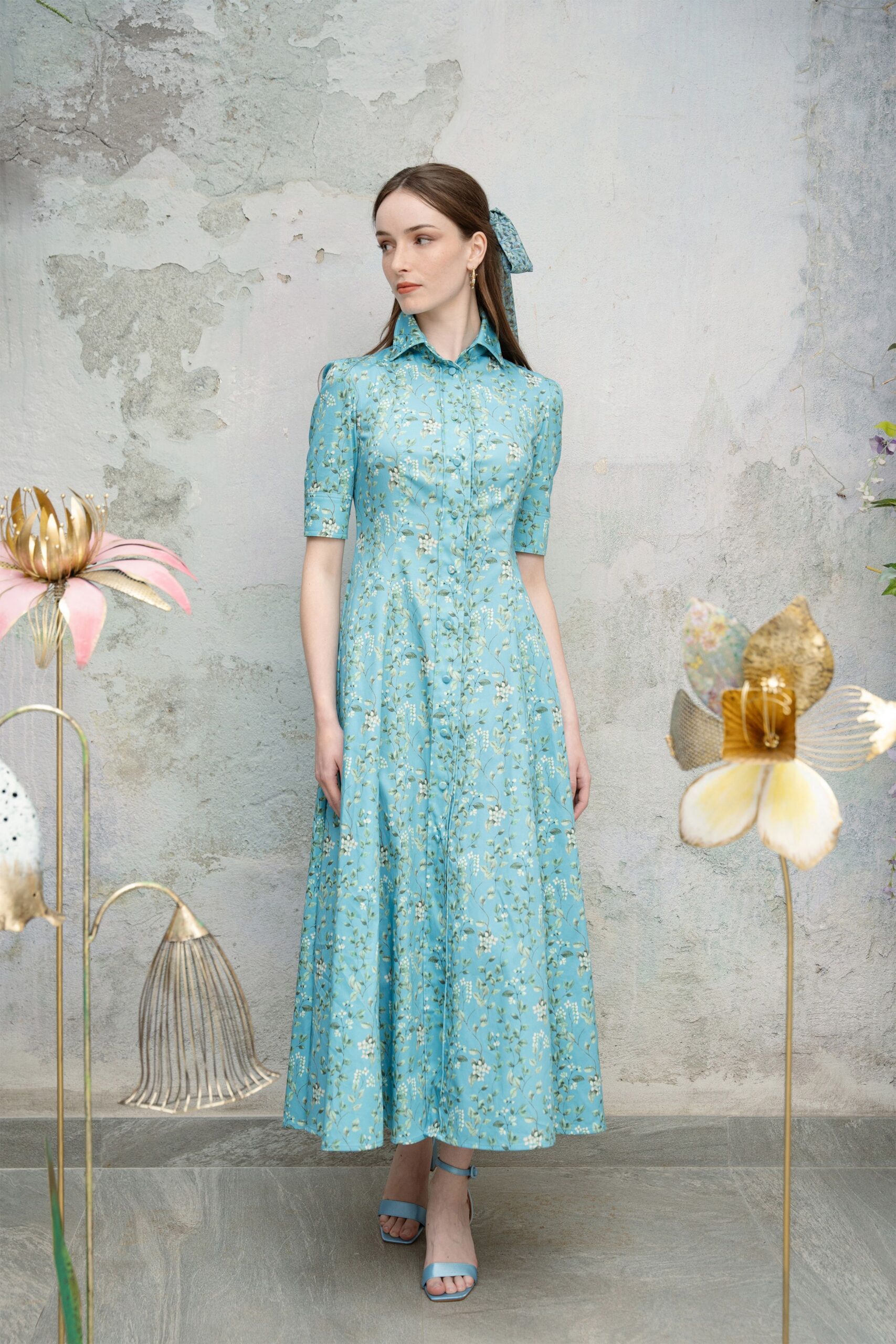 blue cotton short-sleeve collared fitted floral a-line shirt-dress