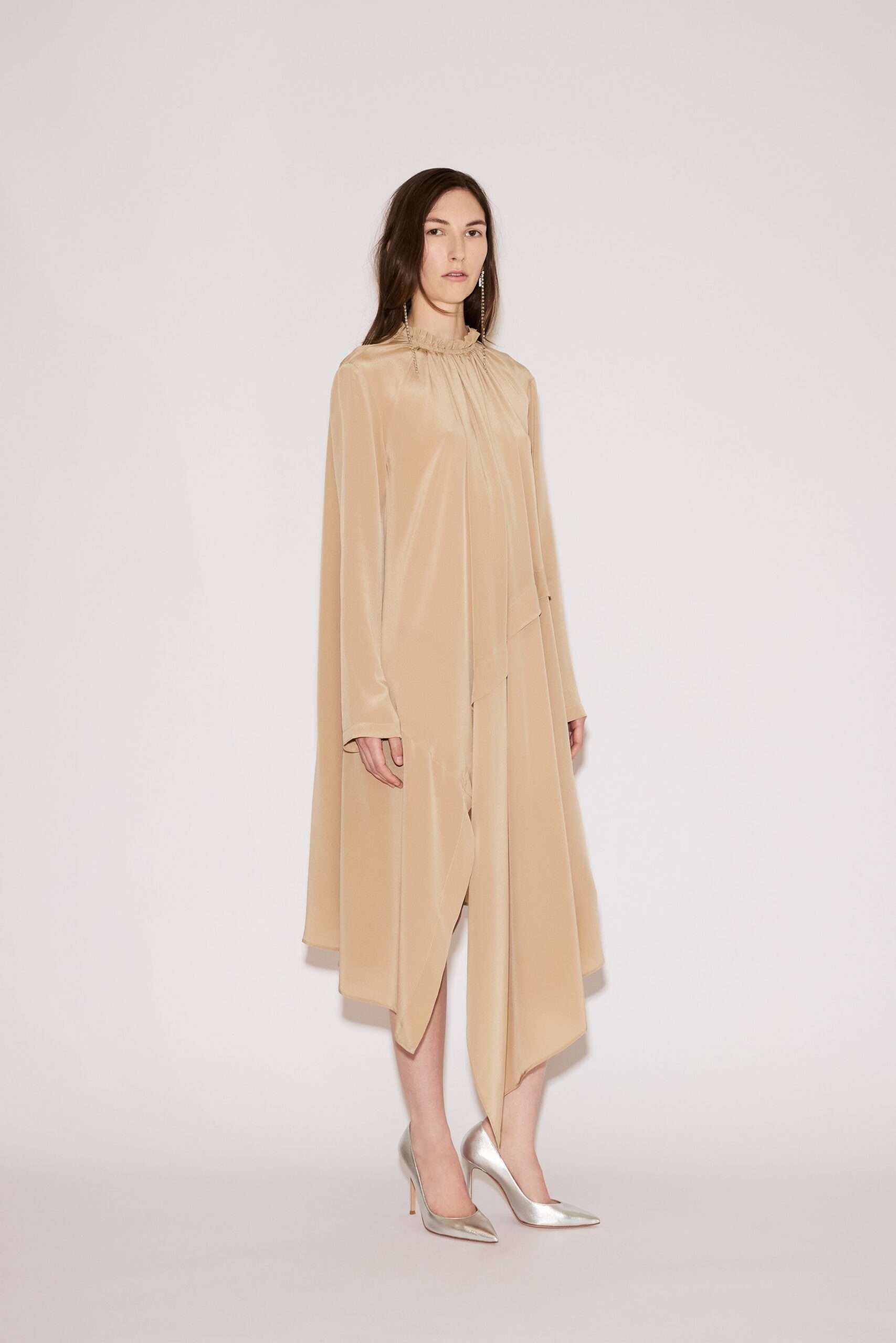 beige silk long-sleeve high-neck relaxed draped flowing dress