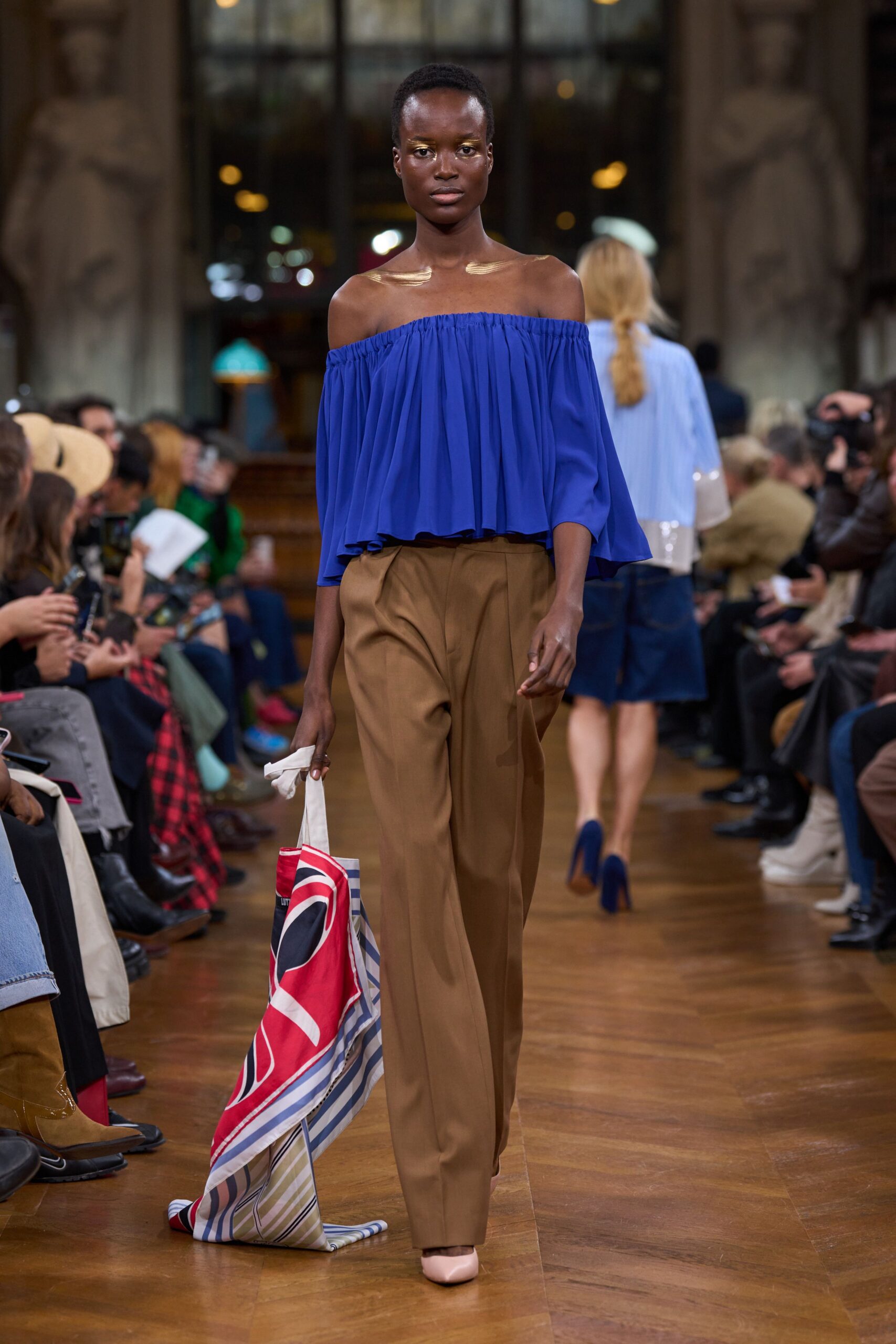 blue silk off-shoulder short-sleeve relaxed pleated top