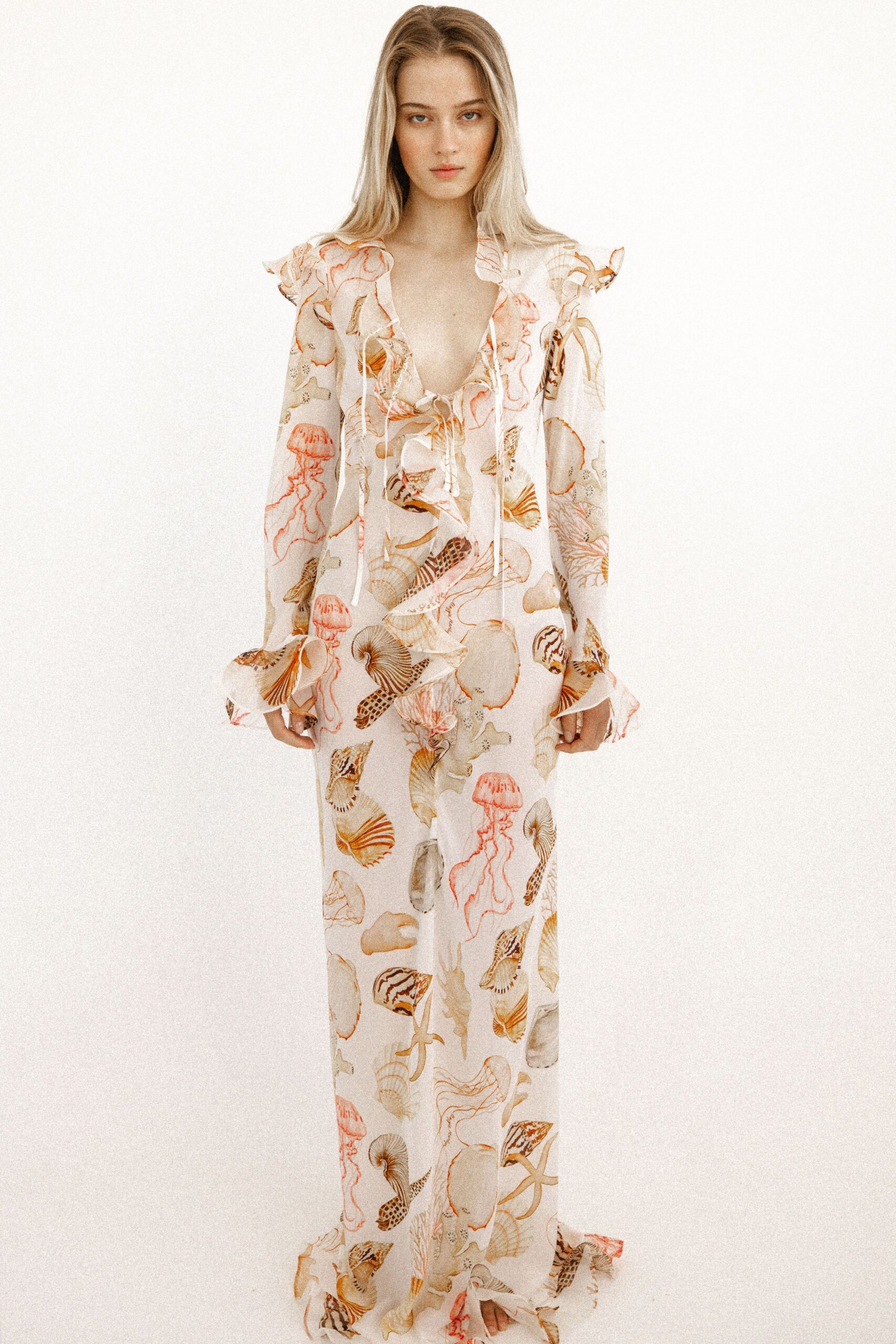 floral ruffled long-sleeve gown