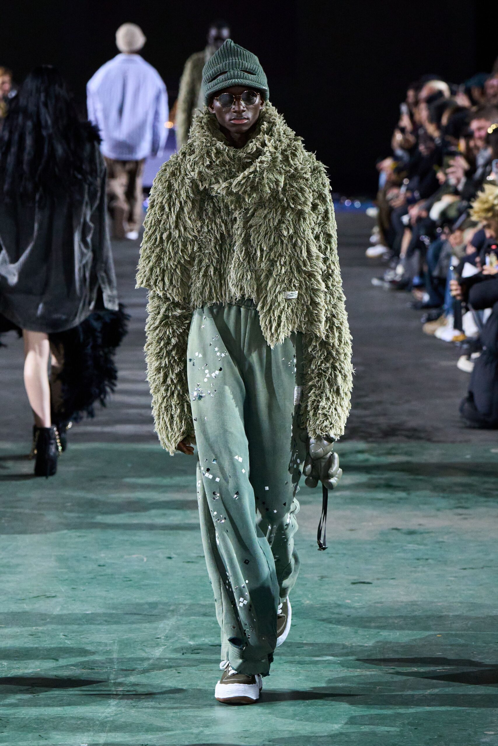green faux-fur jacket and pants