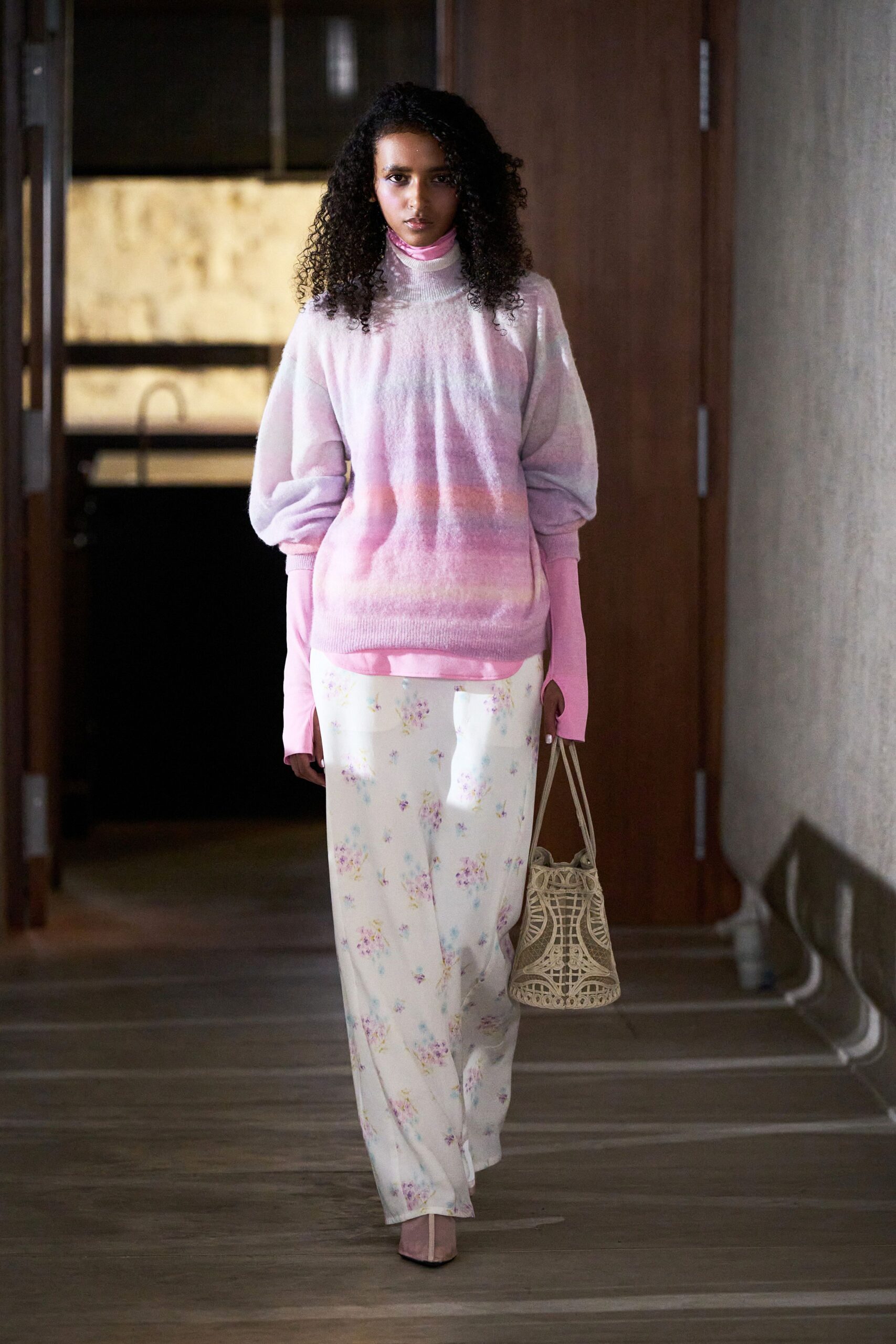pink relaxed sweater with maxi skirt