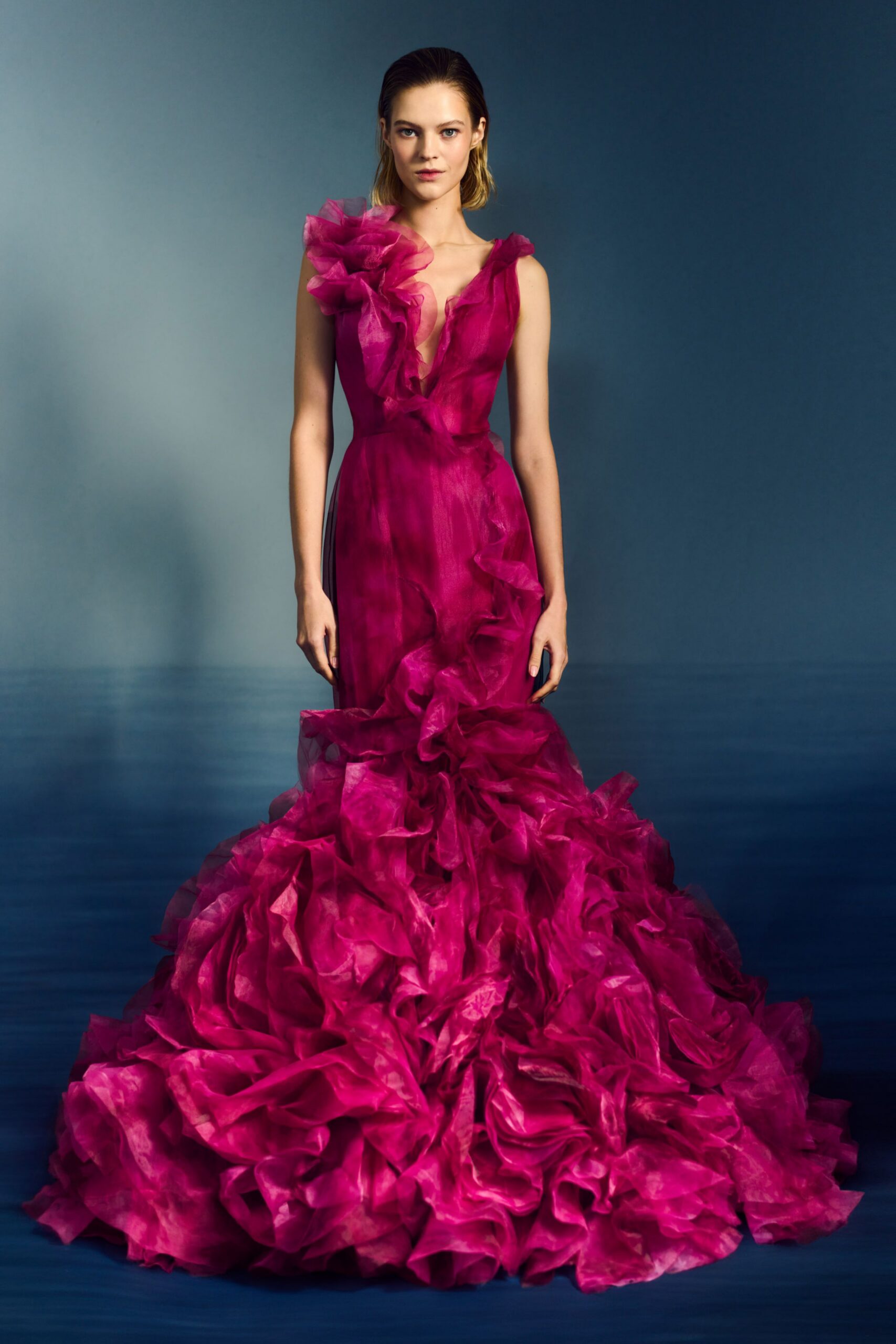 pink silk ruffled gown