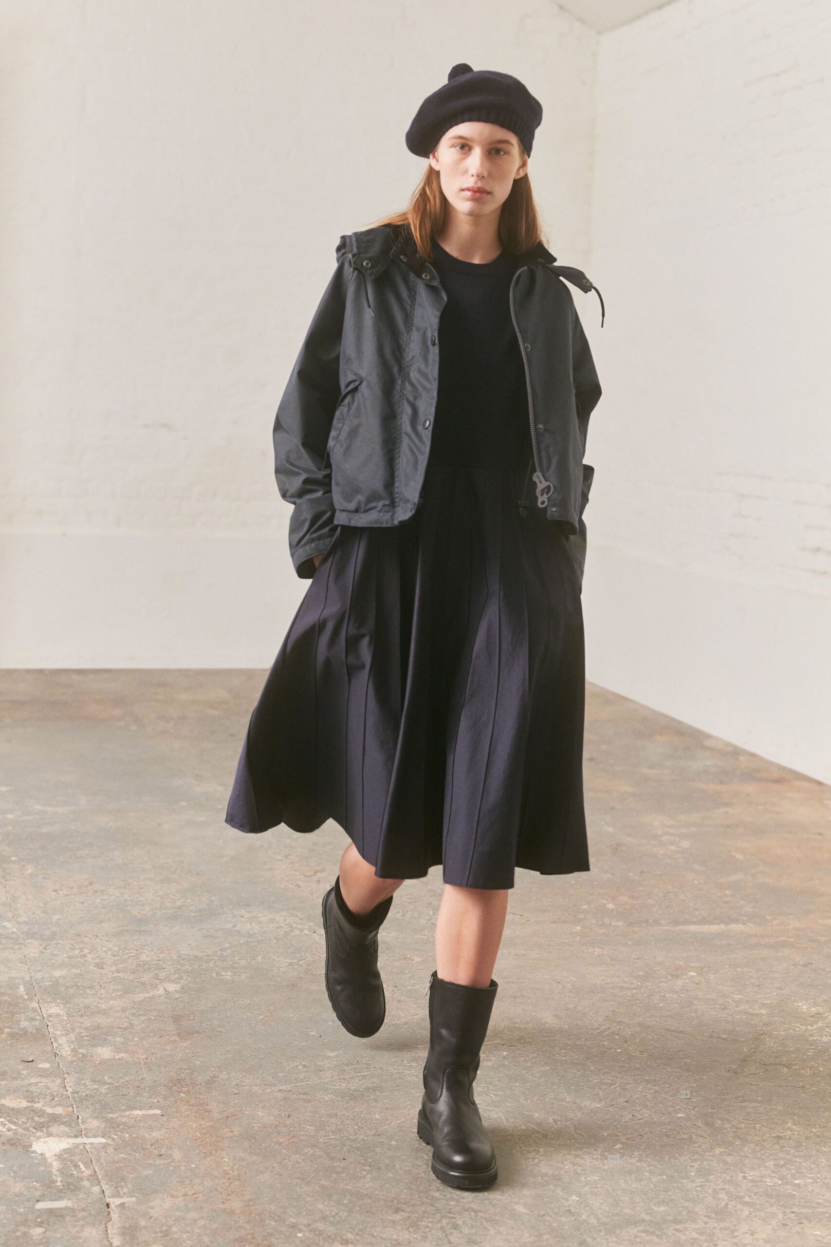 black jacket top midi skirt