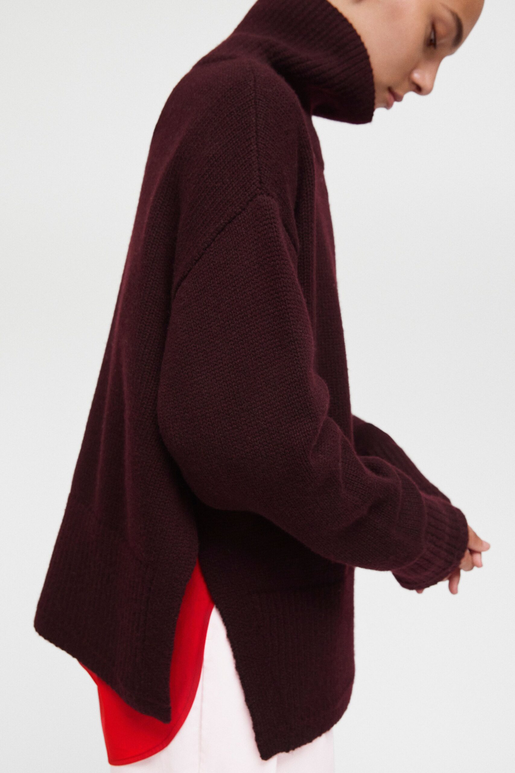 maroon wool long-sleeve turtleneck oversized layered sweater