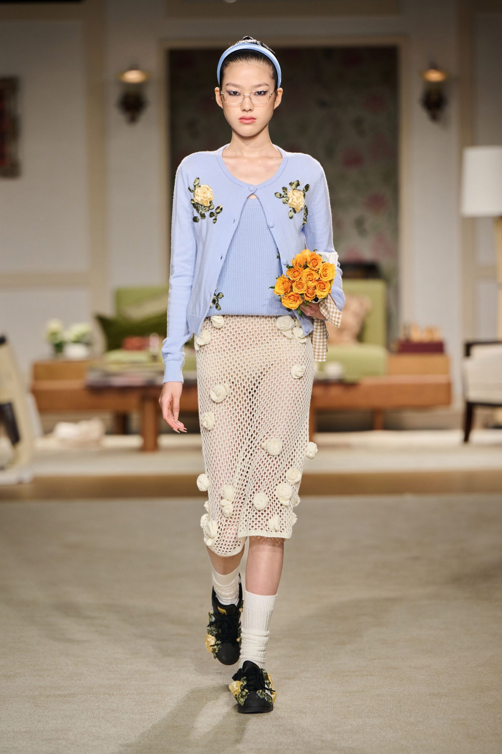 blue cotton long-sleeve collared fitted embroidered cardigan