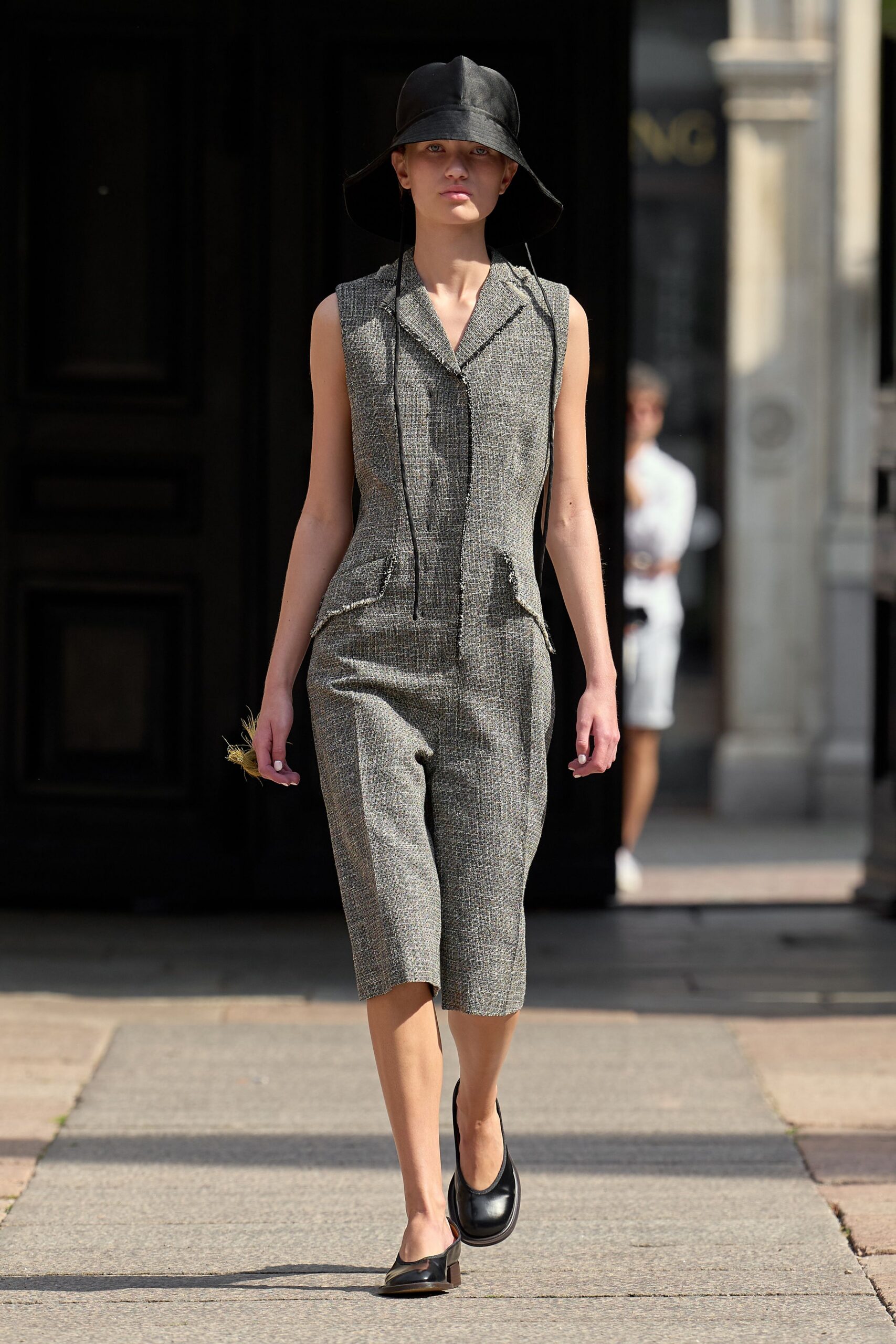 gray tweed sleeveless collared fitted zippered pockets jumpsuit