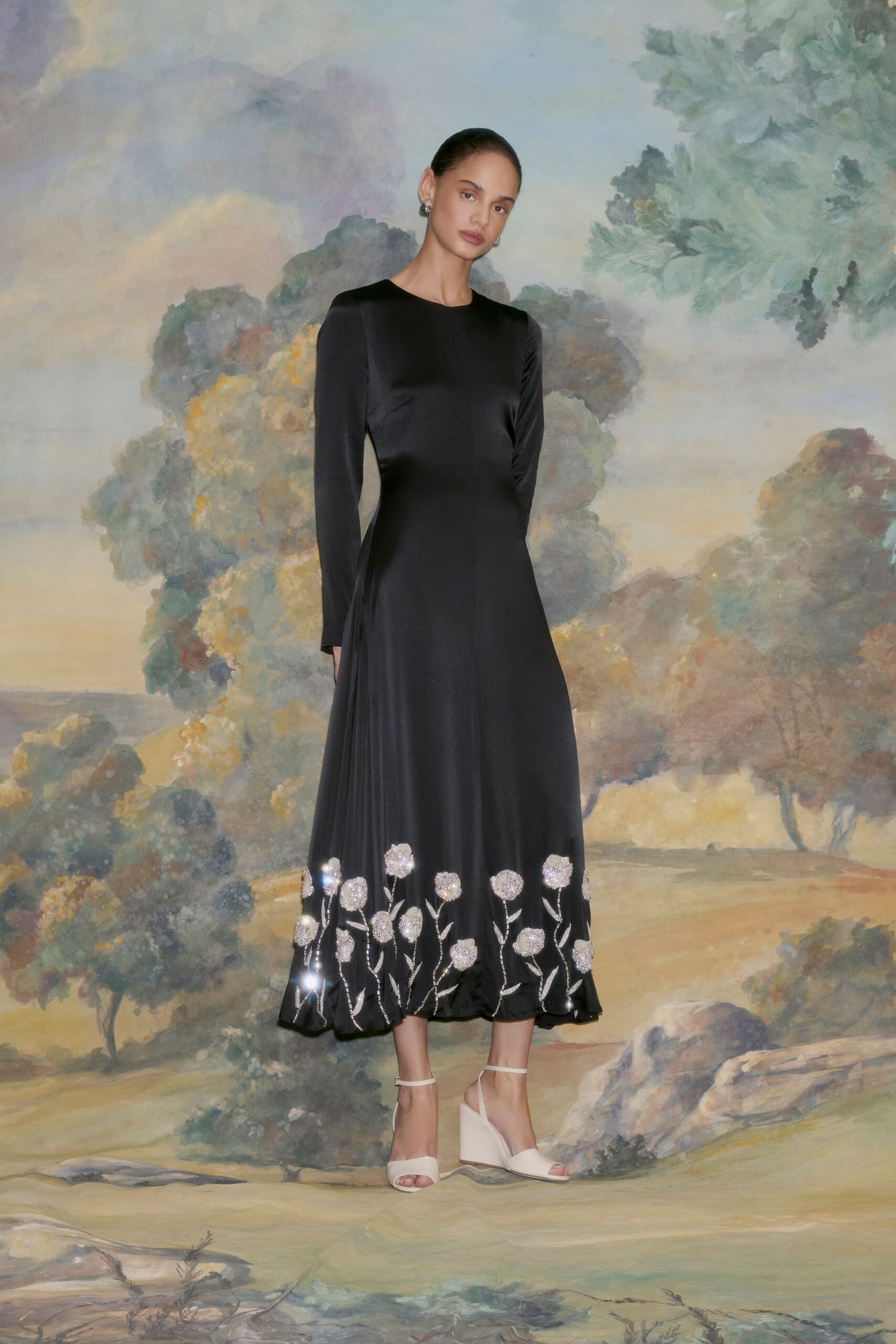 black silk long-sleeve gown with embroidery
