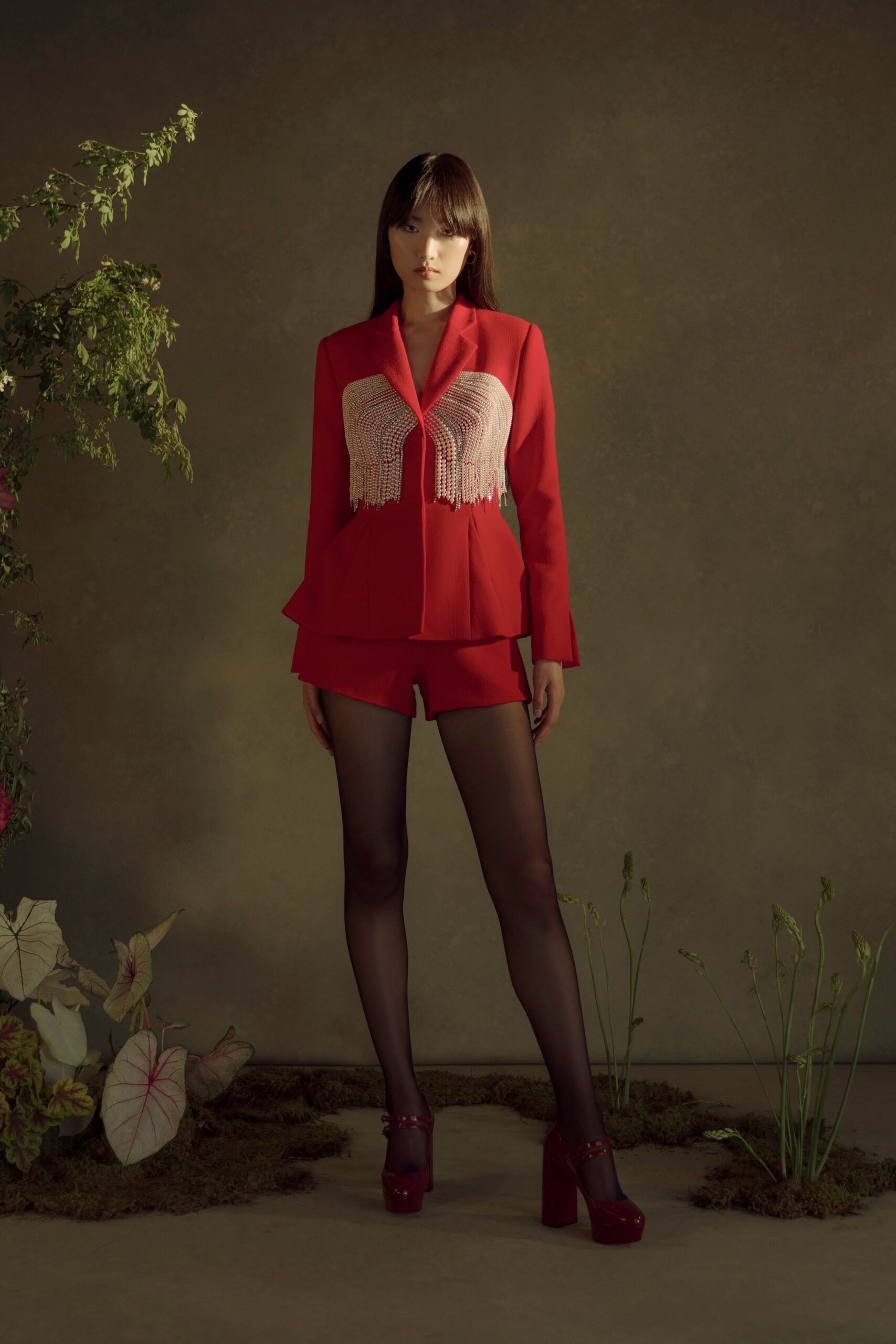 red fitted blazer and shorts