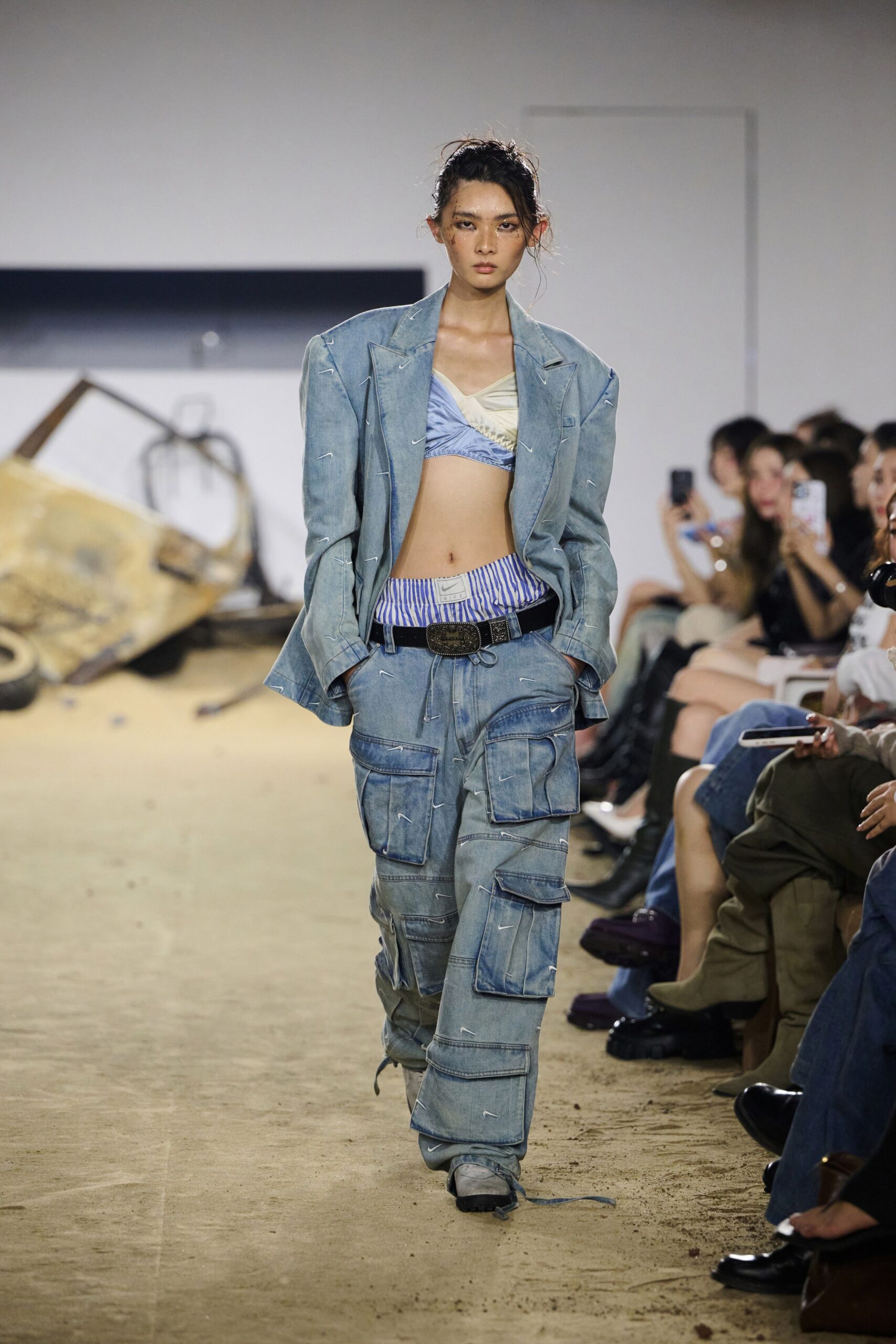 blue denim long-sleeve collared oversized distressed buttoned jacket