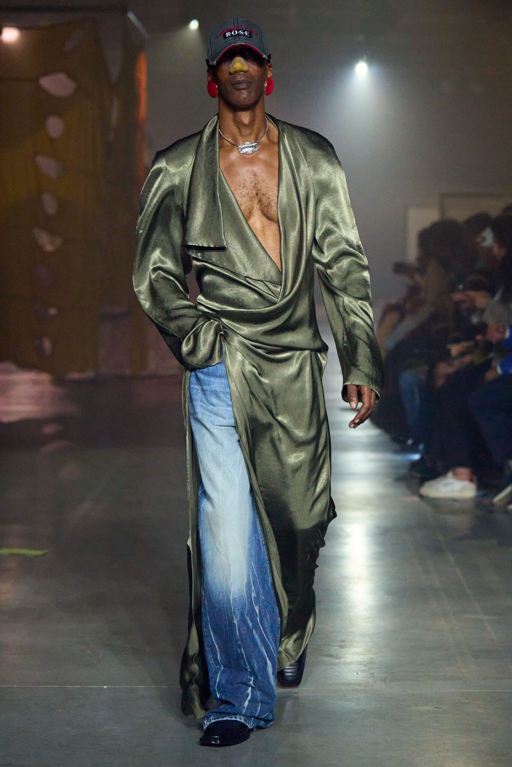 green silk long-sleeve v-neck relaxed draped flowing coat