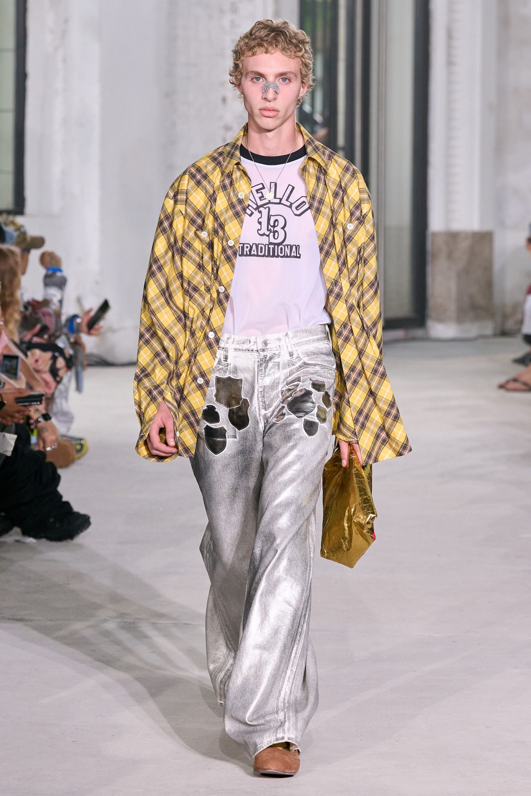 yellow cotton long-sleeve collared oversized checked jacket