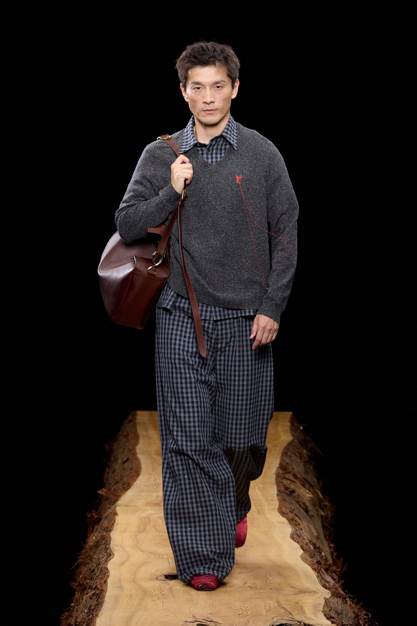 gray wool relaxed sweater with checked pants