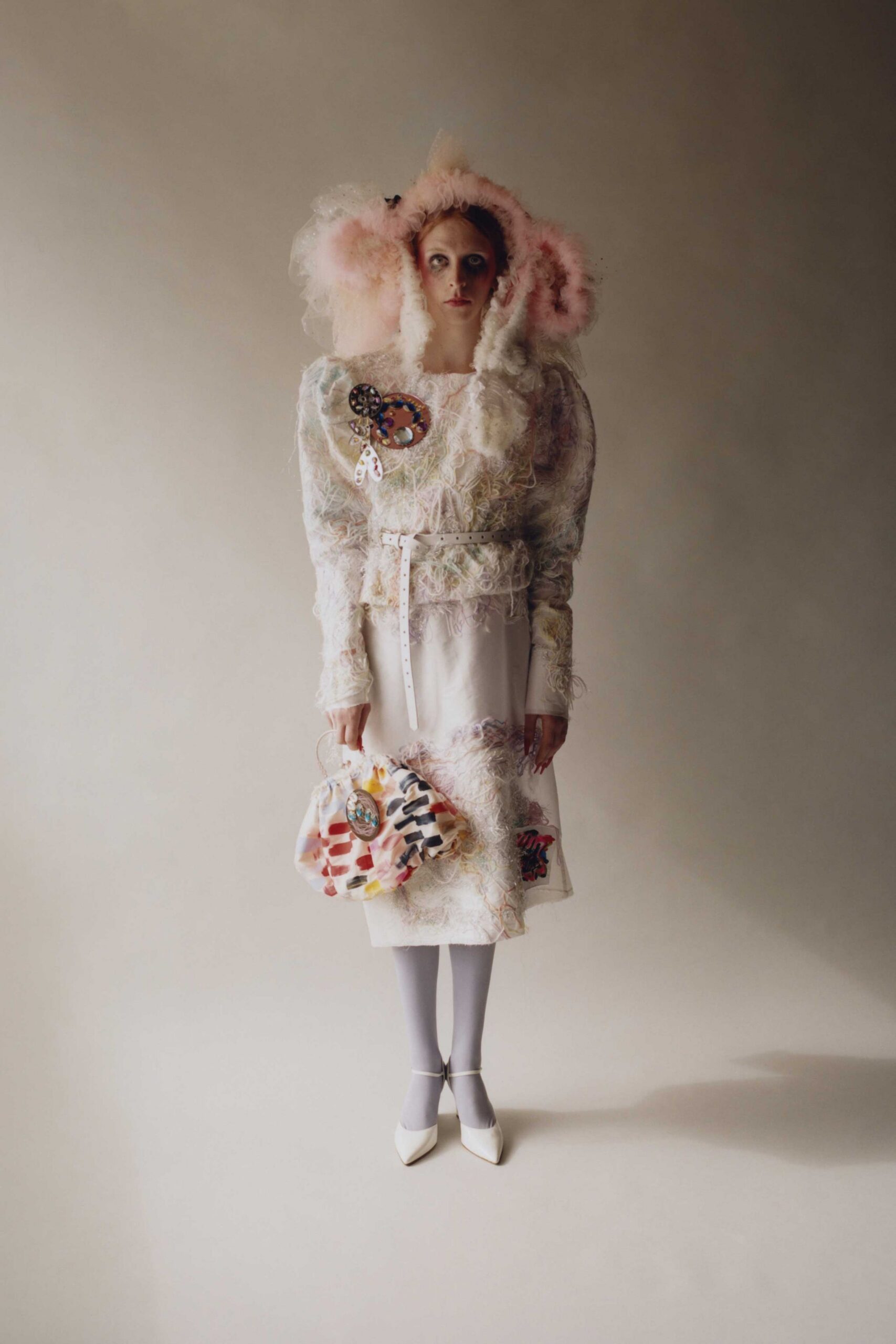 white silk long-sleeve collared fitted embroidered layered dress