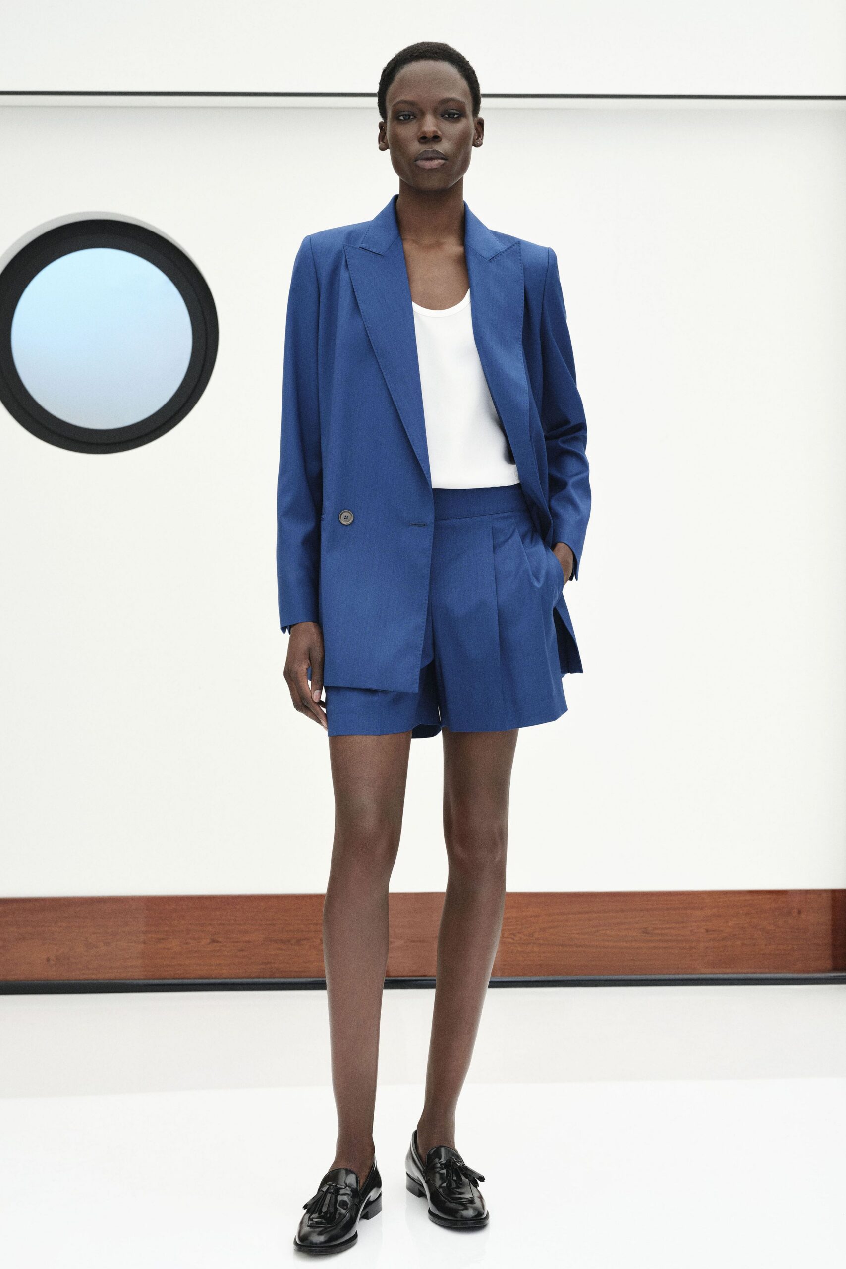 blue tailored blazer and shorts