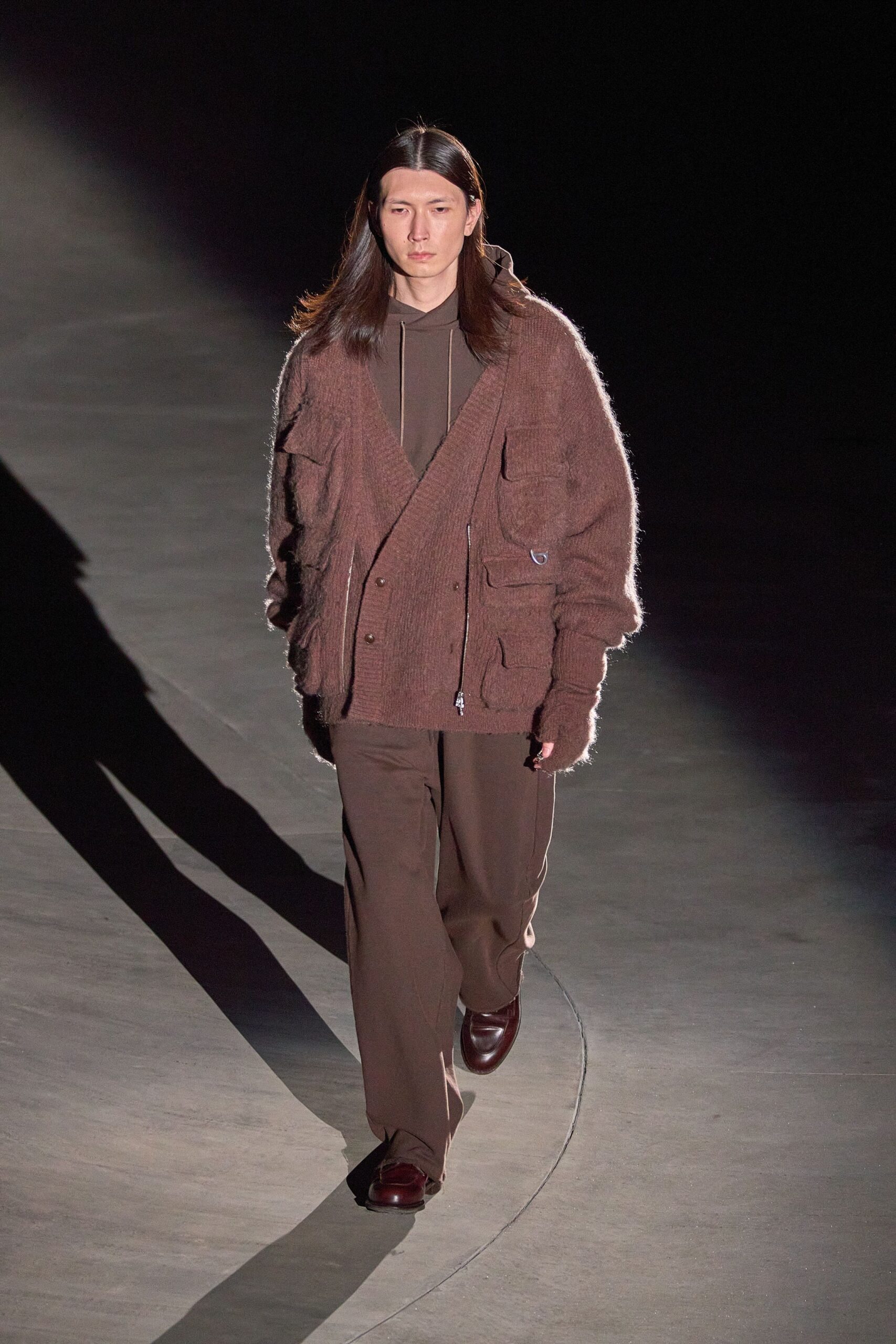 brown wool long-sleeve collared relaxed buttoned jacket