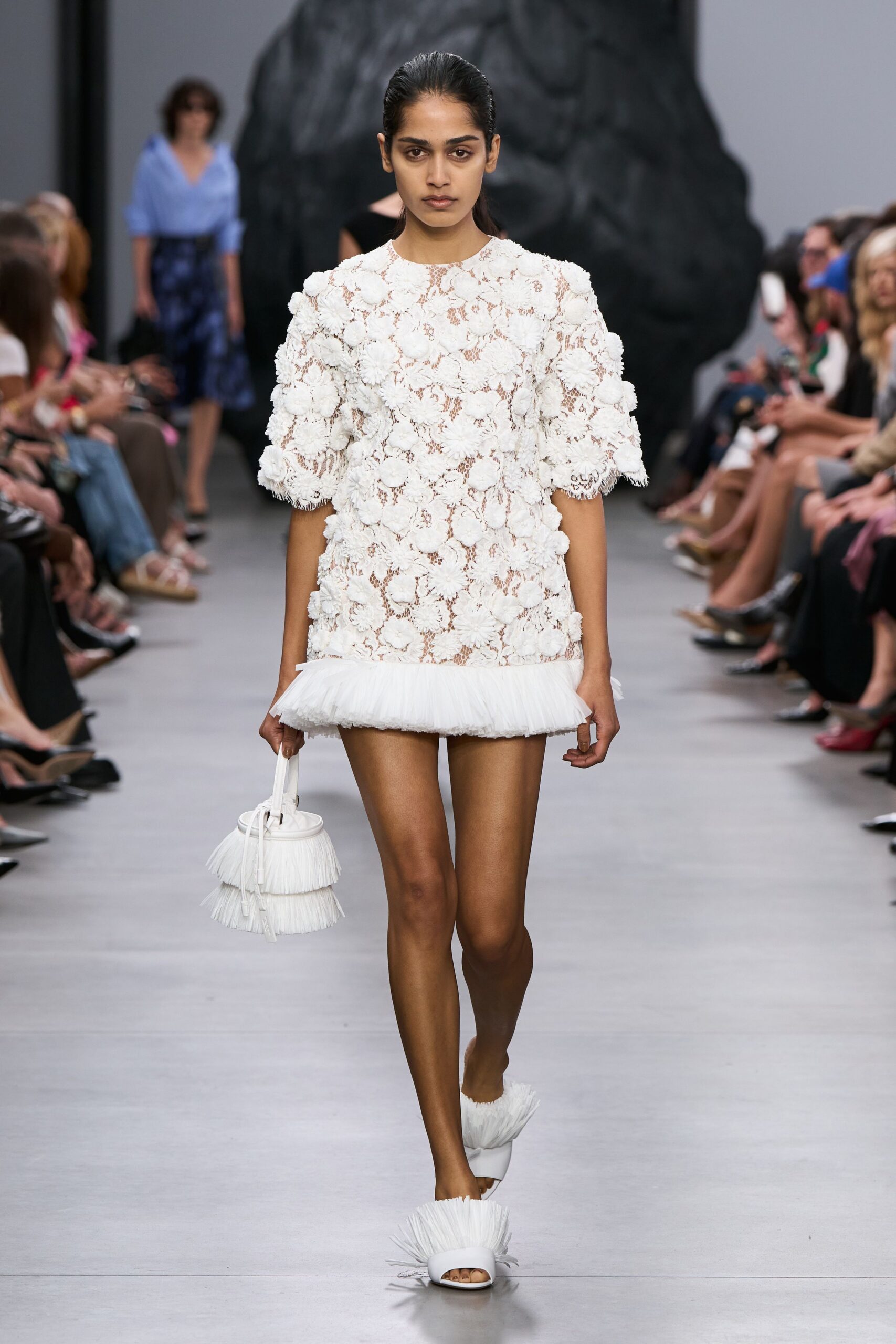 white lace short-sleeve high-neck fitted embroidered tiered dress