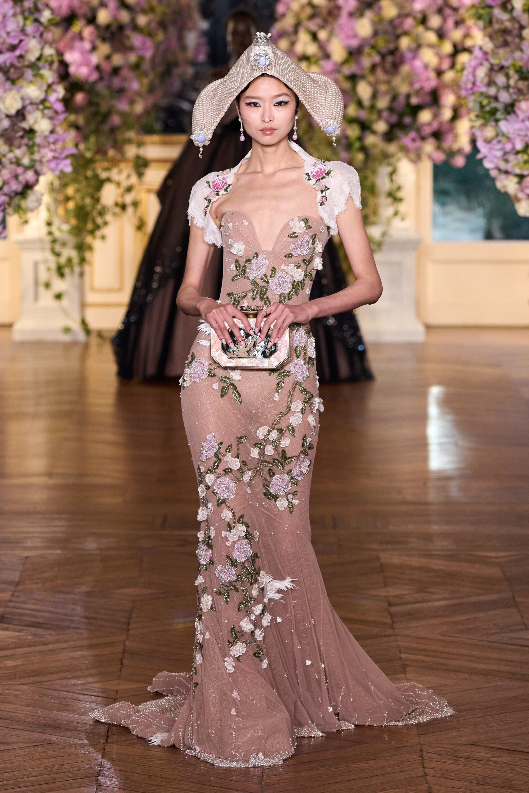 beige silk sleeveless v-neck fitted embroidered beaded gown