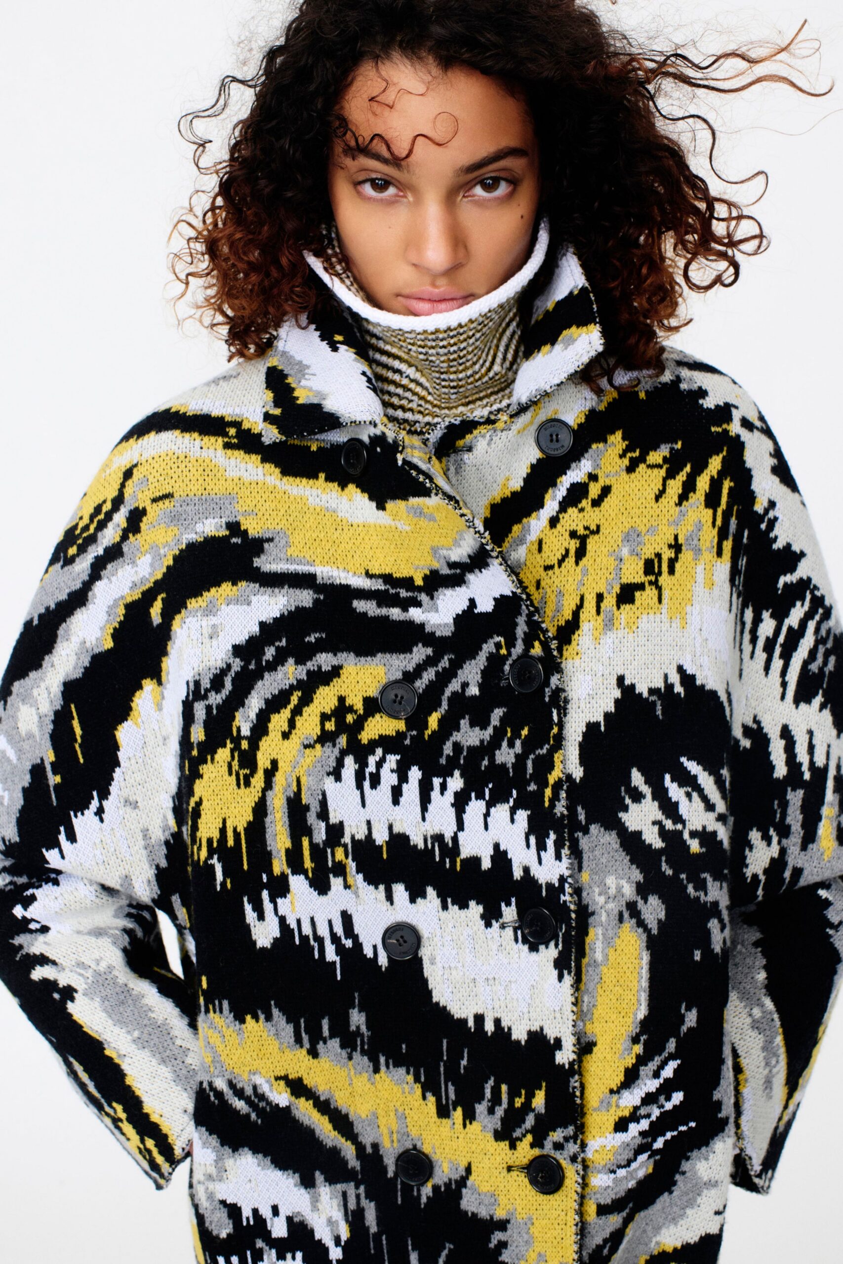 printed wool coat with turtleneck