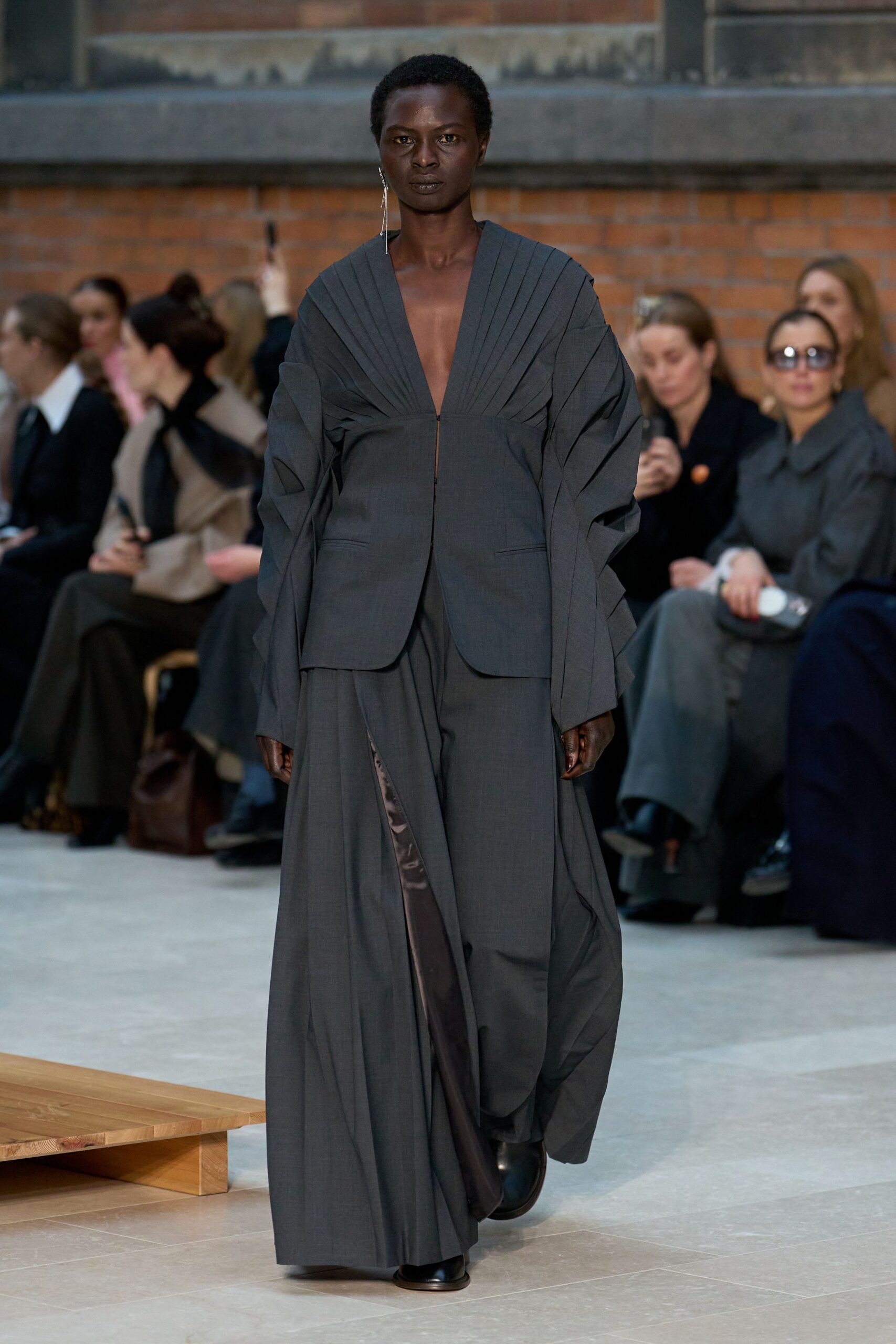 gray wool asymmetric fitted layered maxi skirt