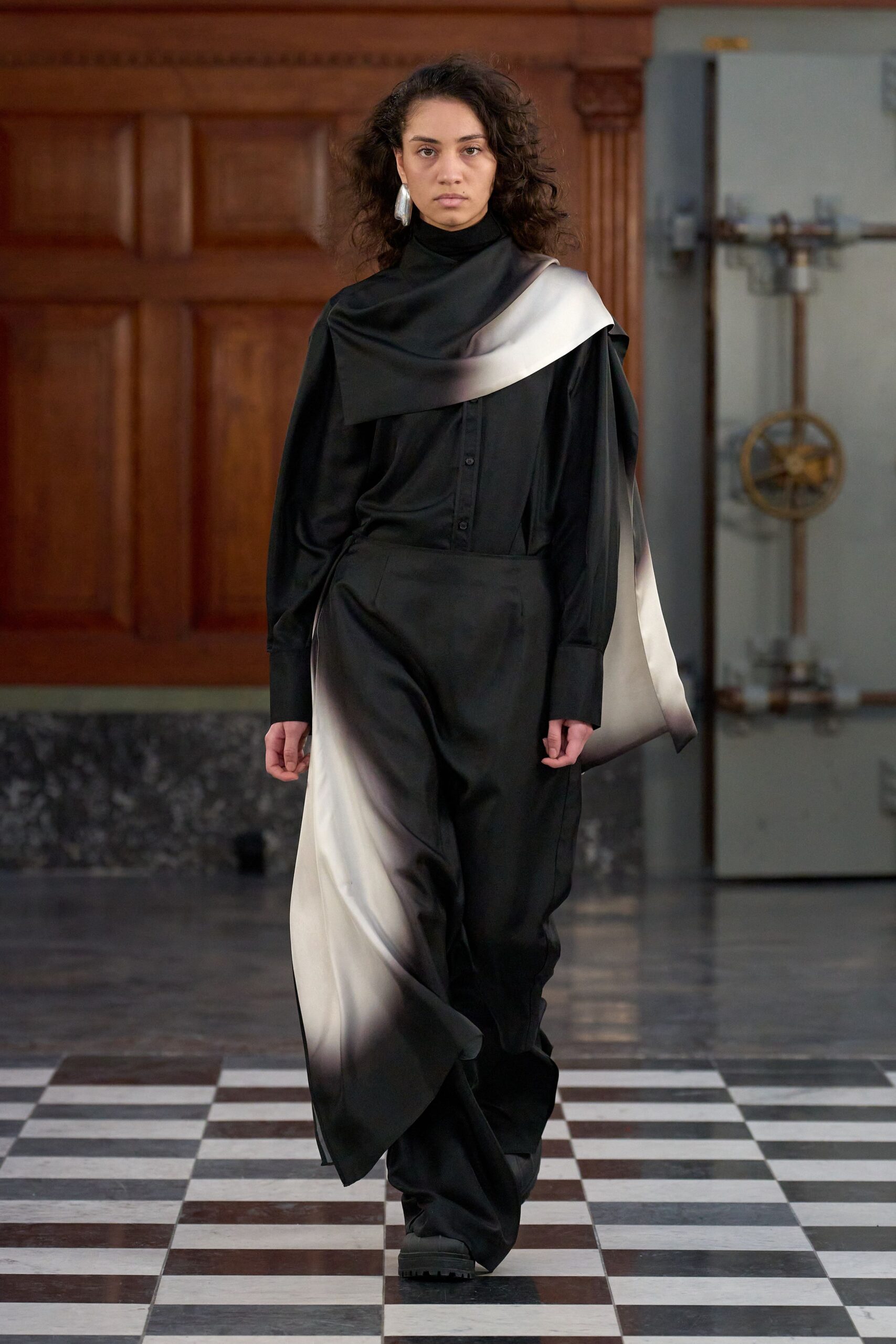 black silk asymmetric shirt and pants