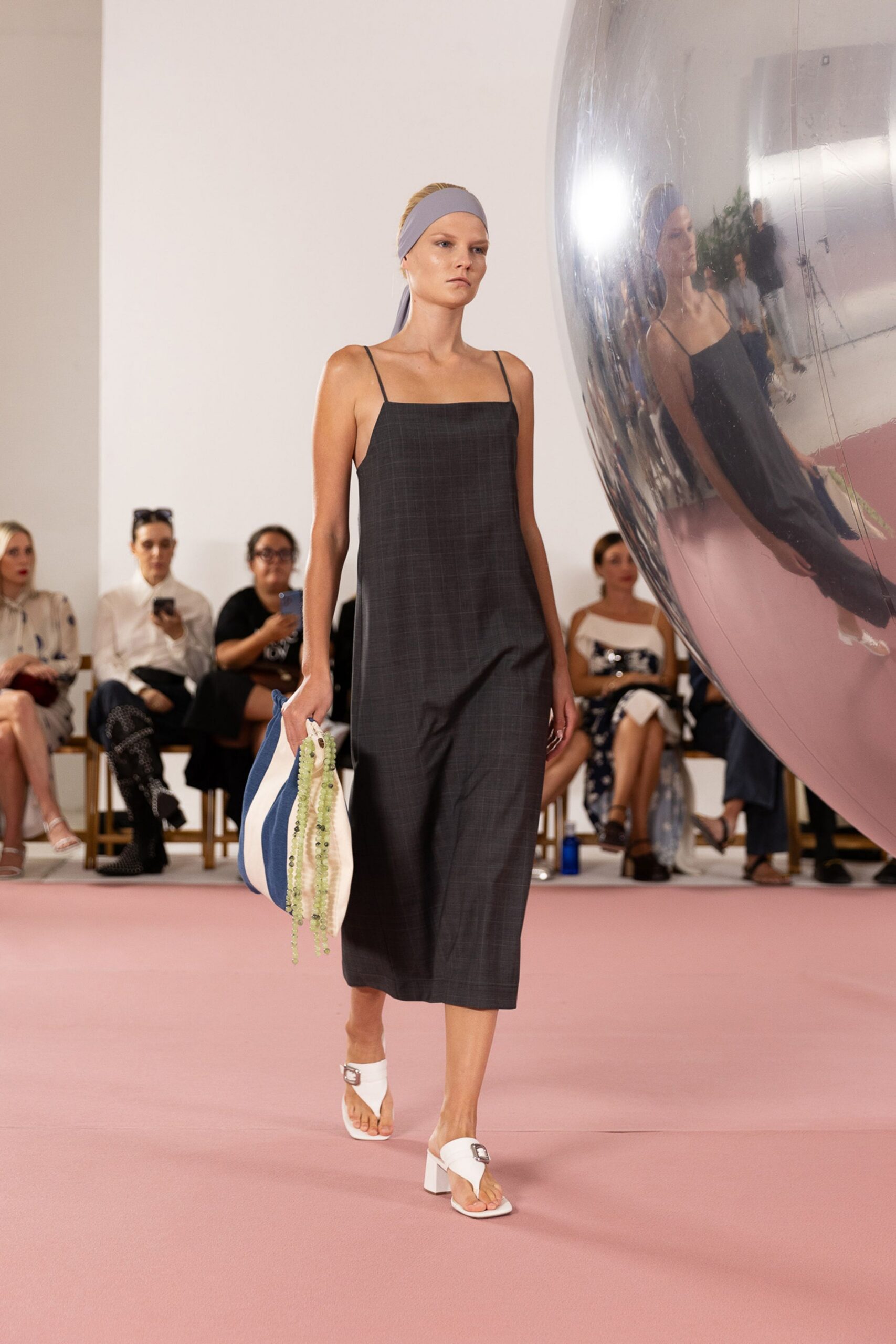 gray checked spaghetti-strap midi-dress