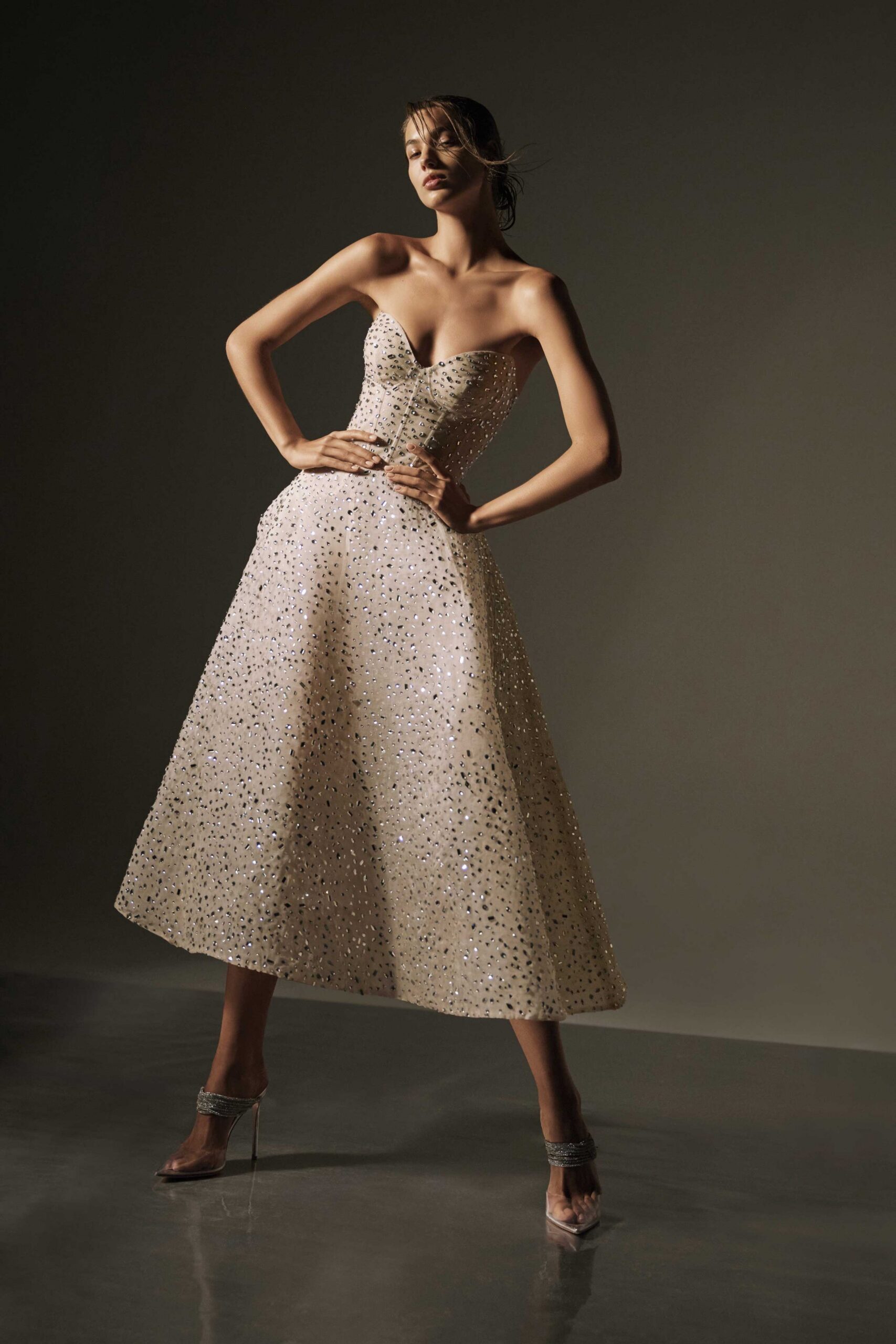 beige silk strapless fitted embellished a-line shiny gown
