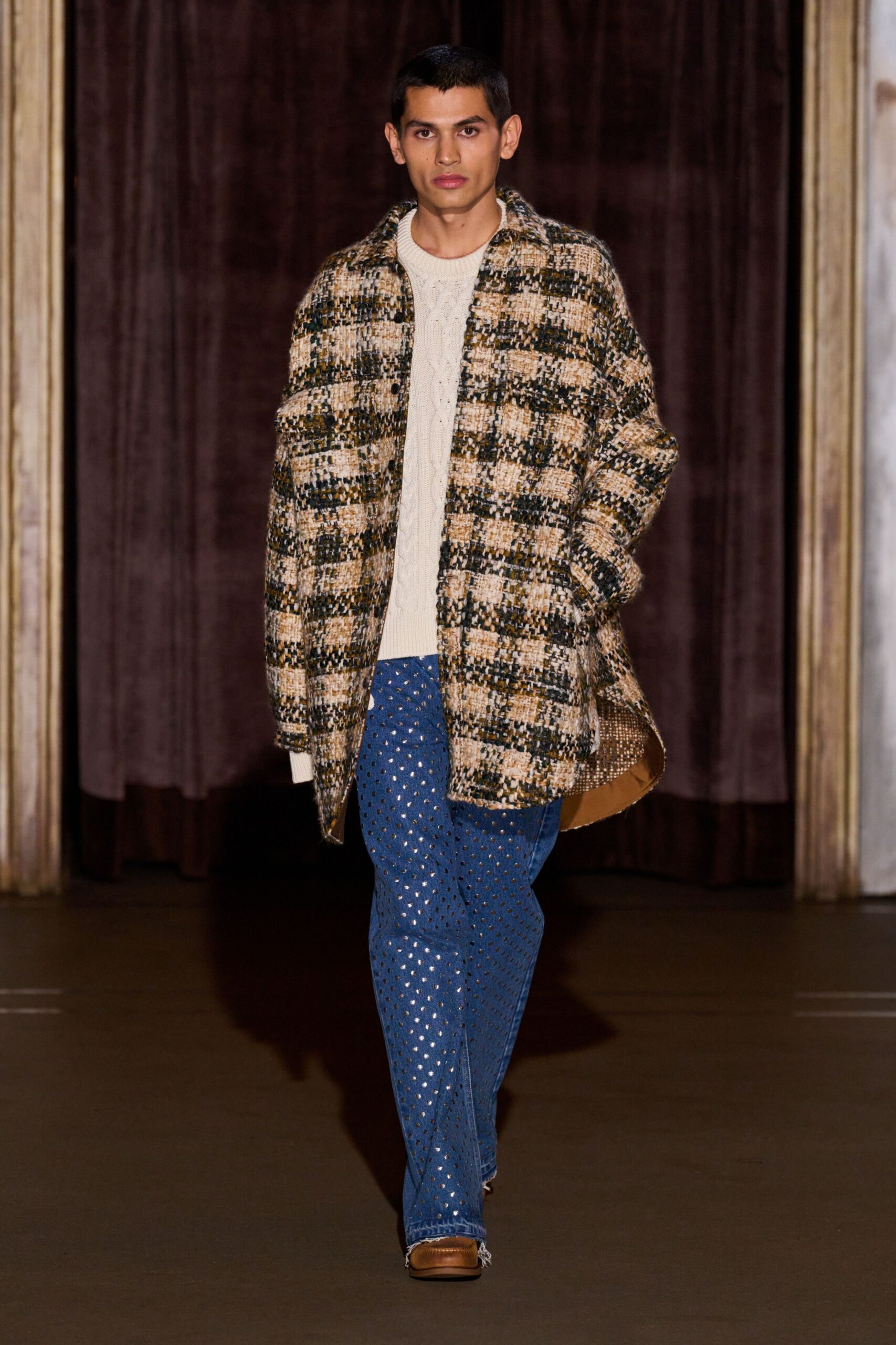 beige checked coat with ivory sweater