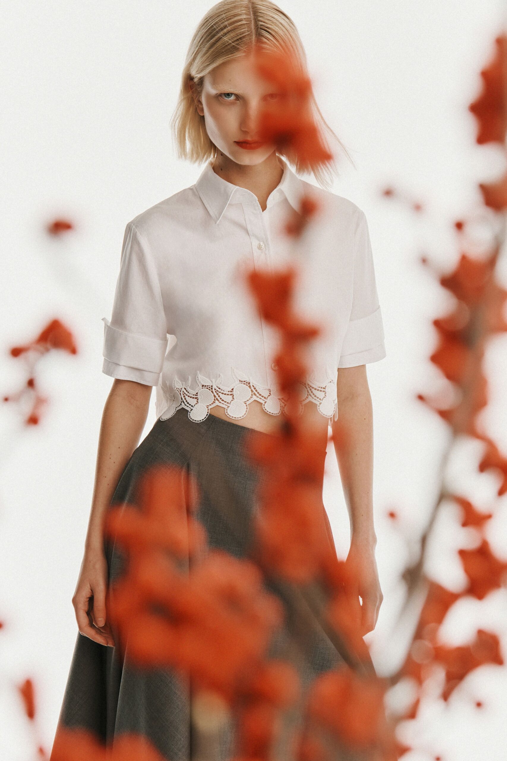 white cropped shirt gray midi skirt