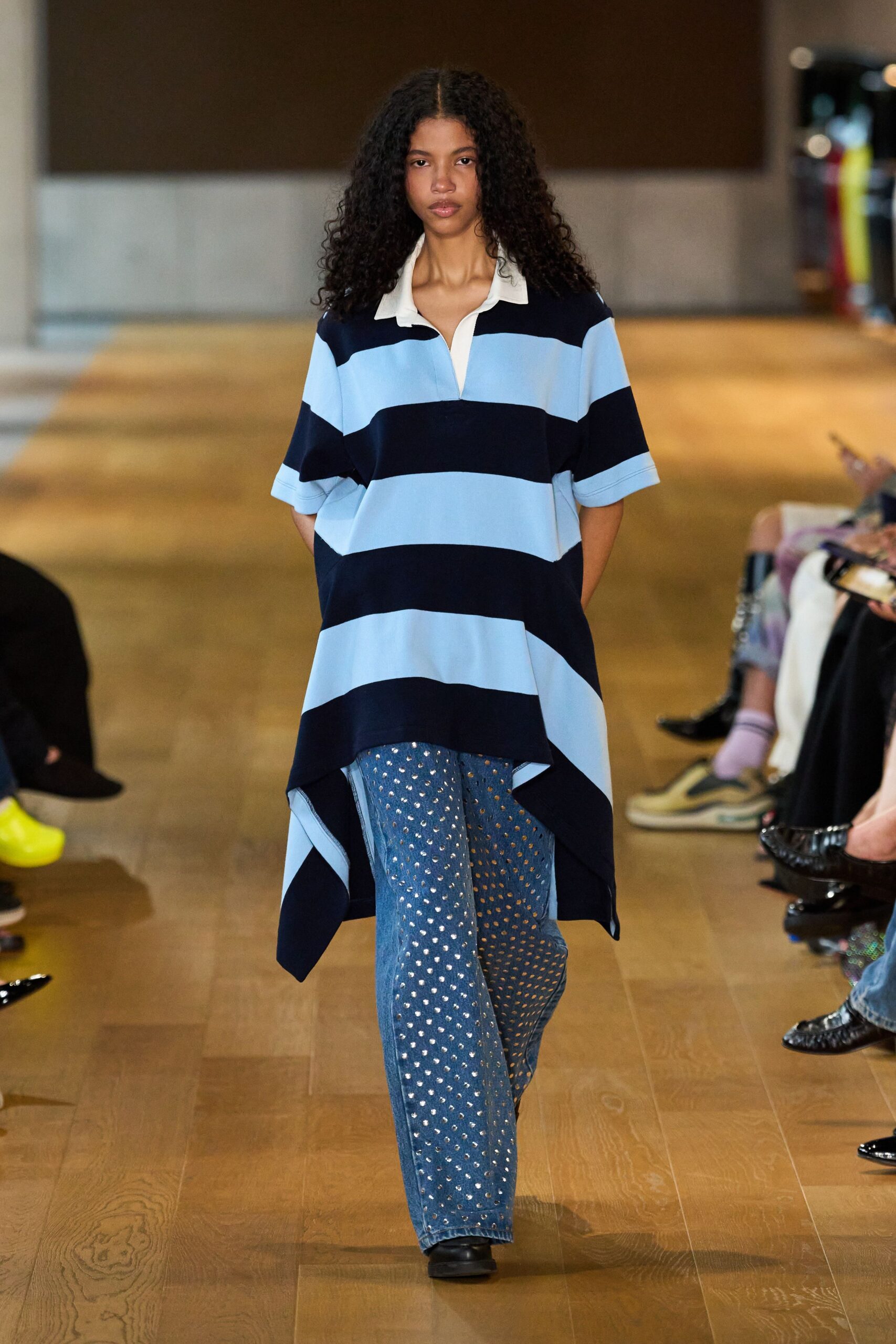 blue striped top with flared pants
