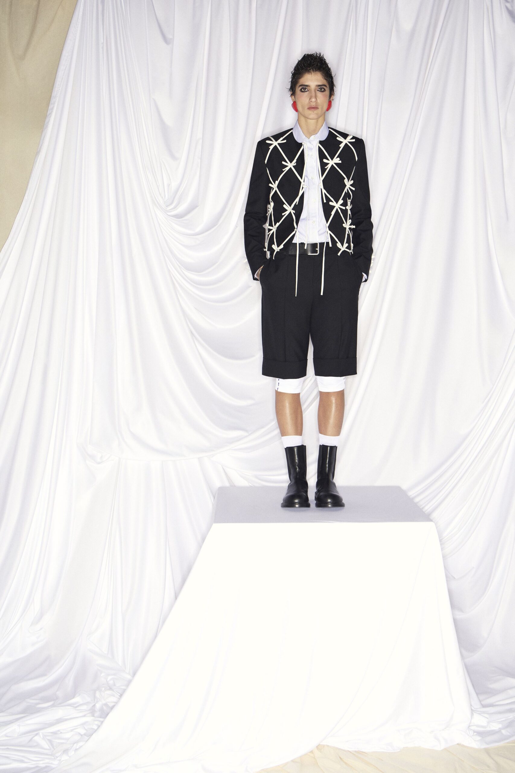 black cotton long-sleeve collared structured buttoned embroidered jacket