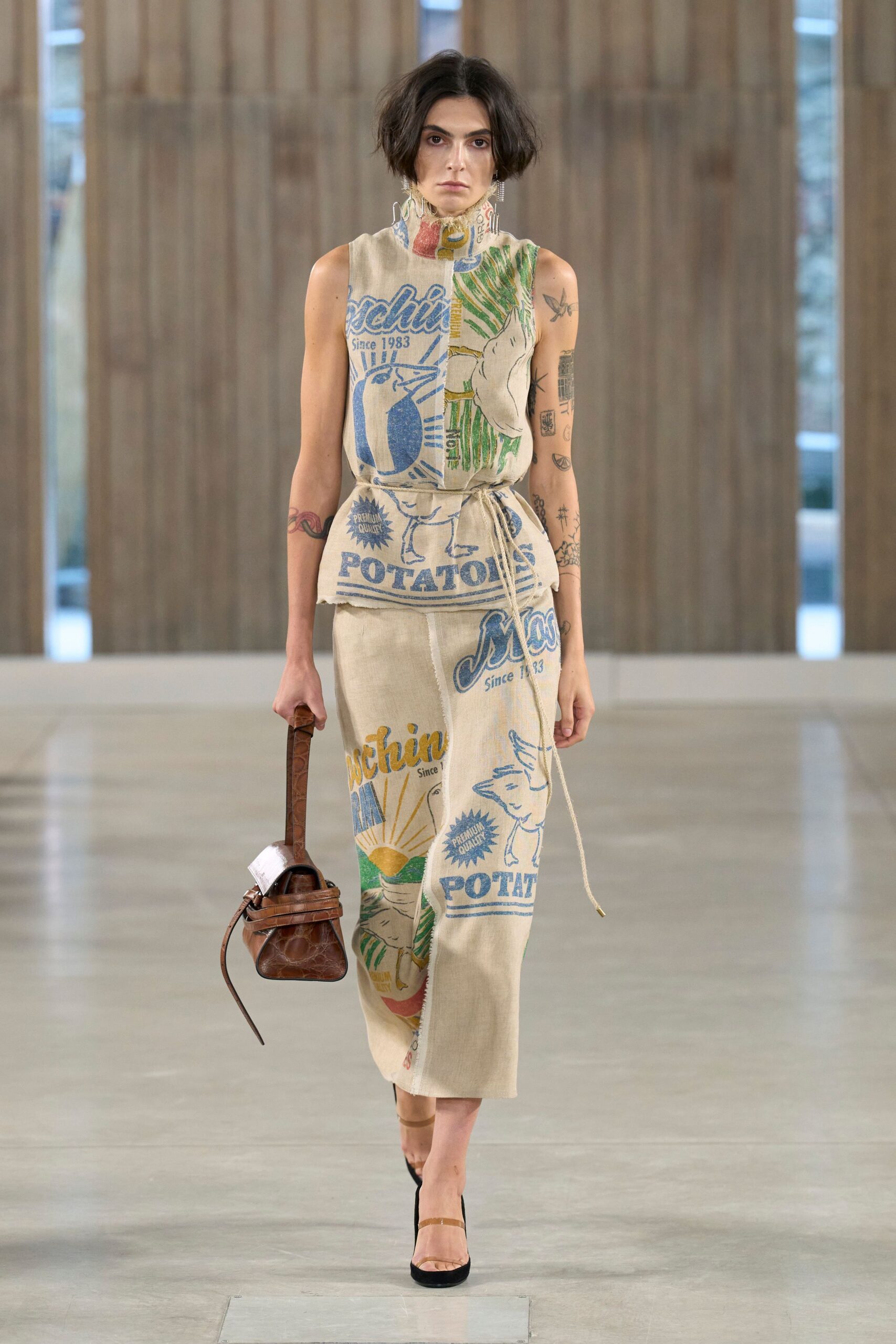 beige printed midi dress with bag