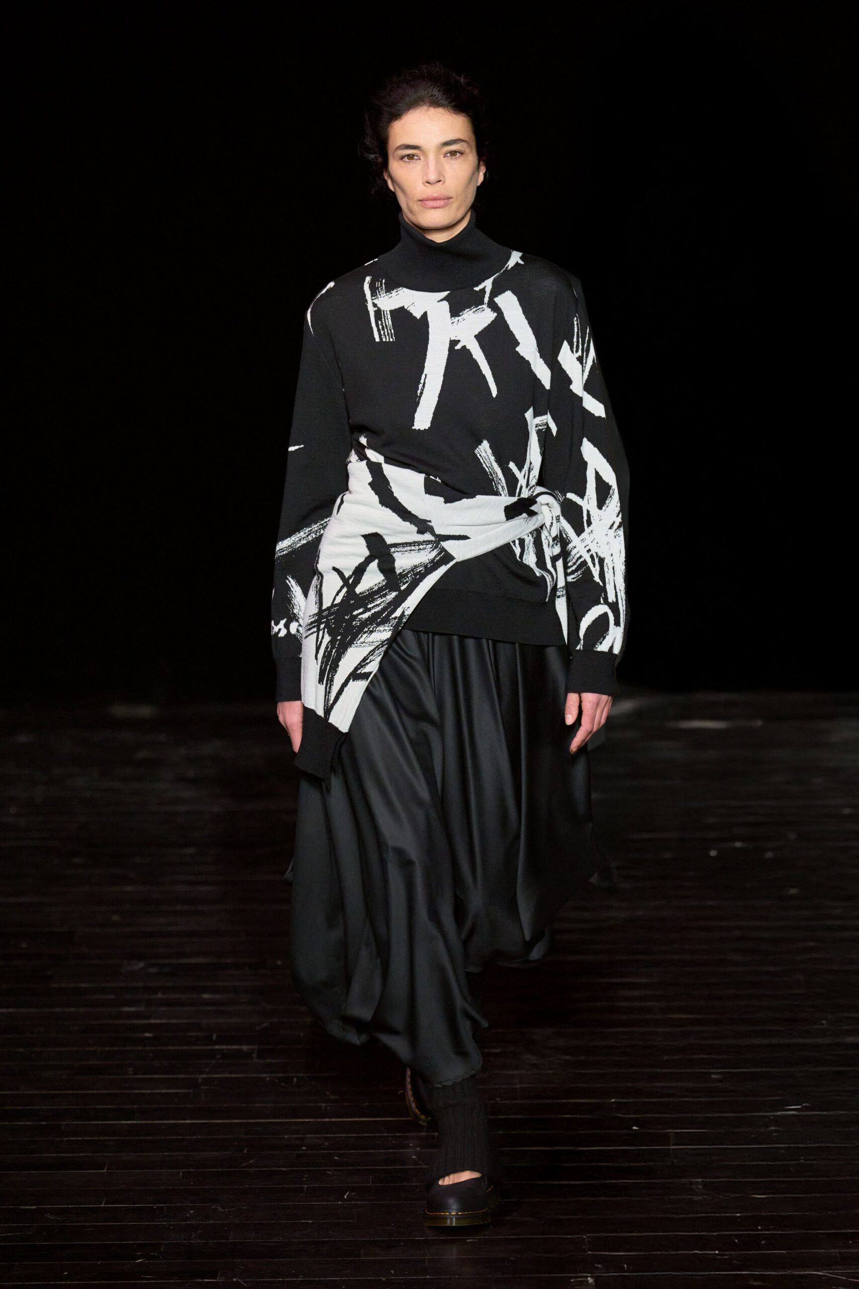 black and white printed top with midi skirt