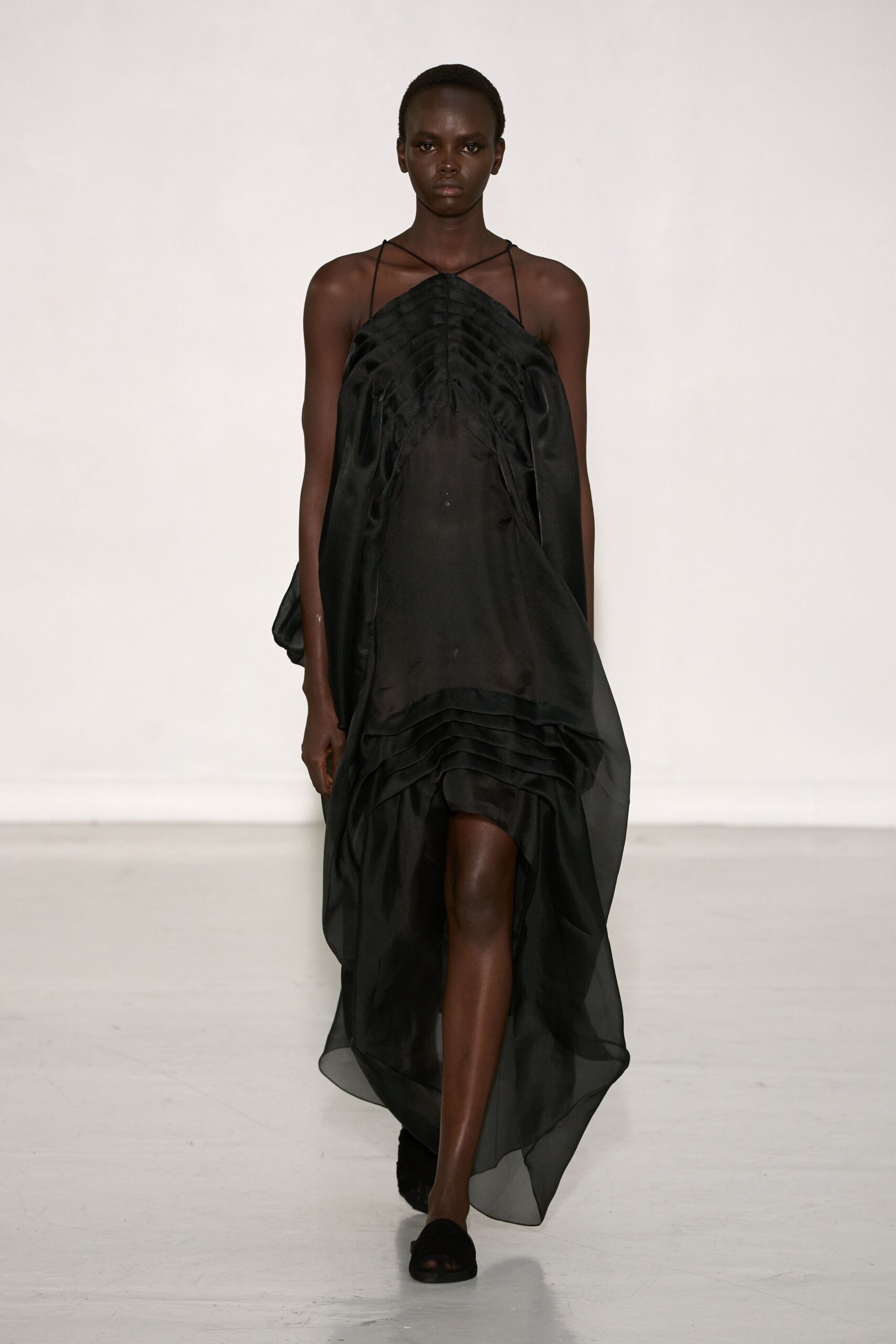 black silk sleeveless v-neck fitted ruched dress