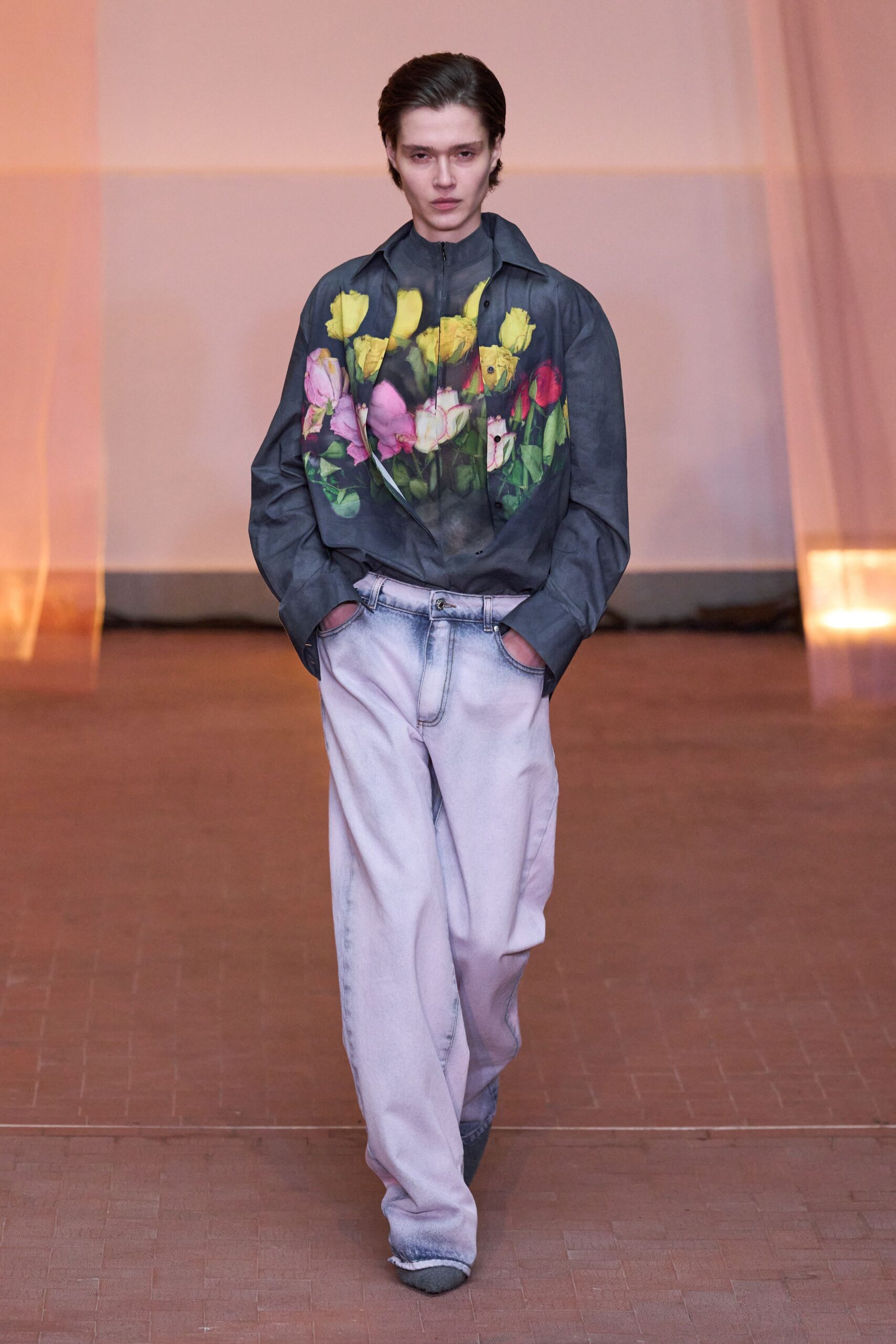gray cotton long-sleeve collared relaxed printed shirt