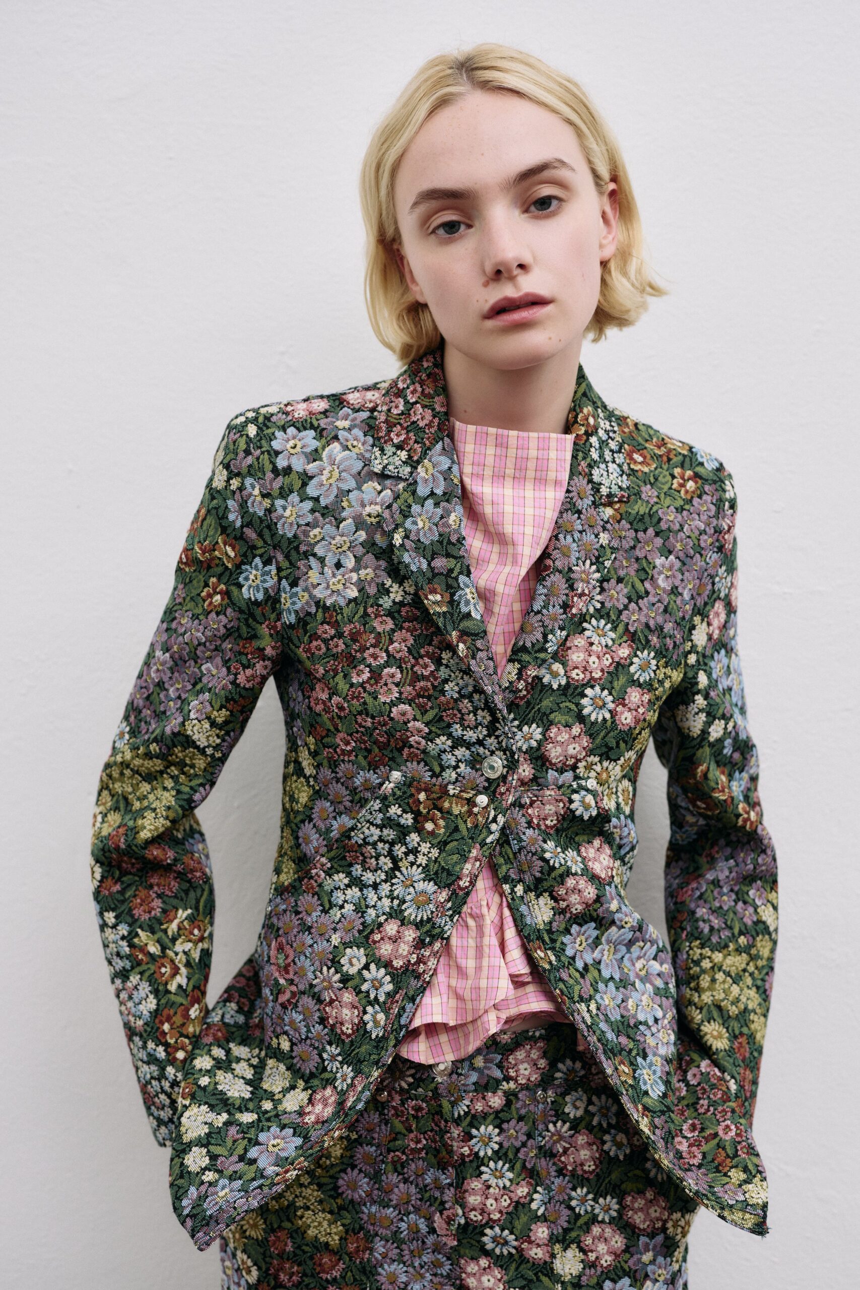 multi cotton long-sleeve collared tailored embroidered blazer