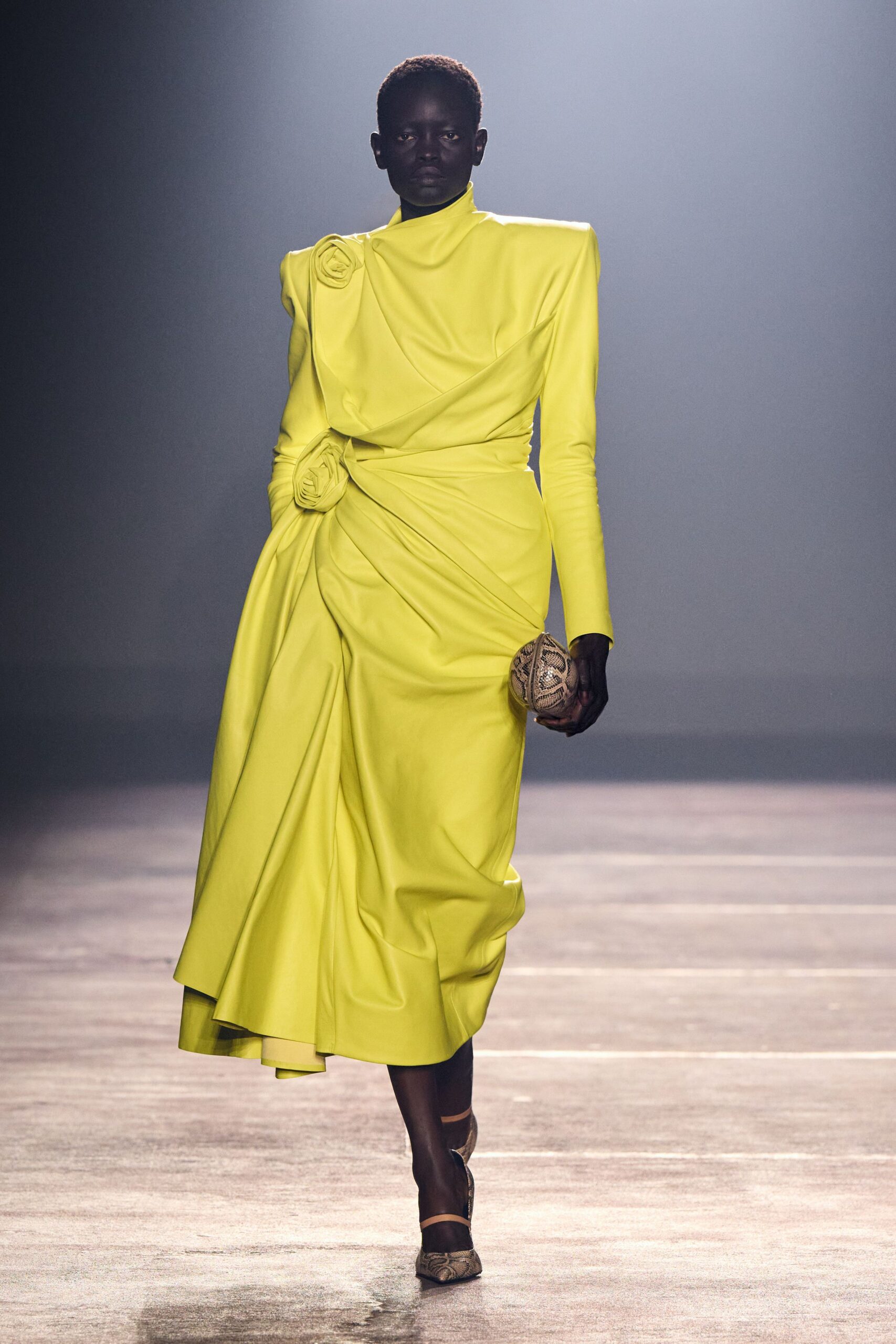 yellow silk long-sleeve high-neck fitted draped tiered gown